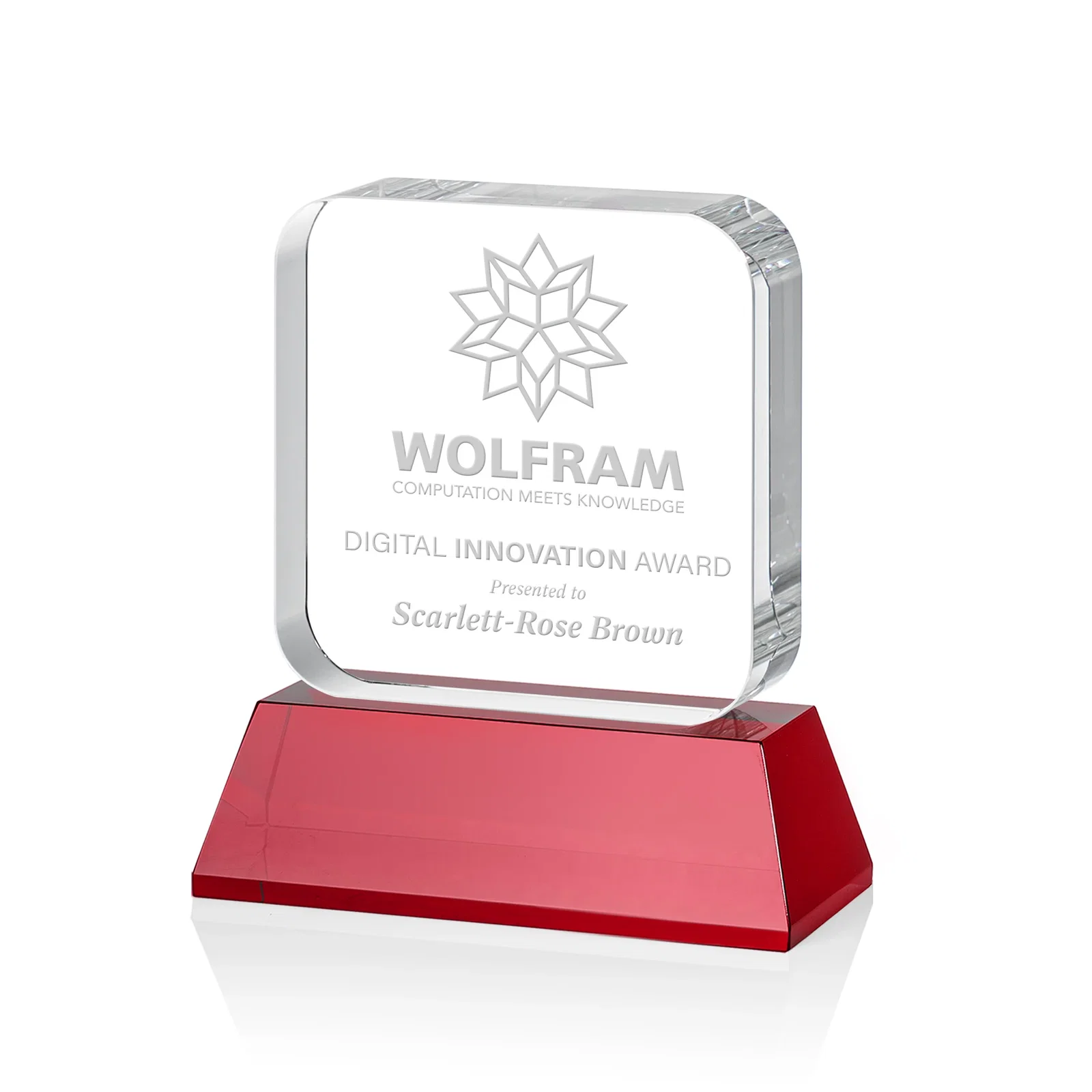 Promotional Rounded-Edge Optical Crystal Block Award on an Amber Crystal Base, awards for graduation ceremonies