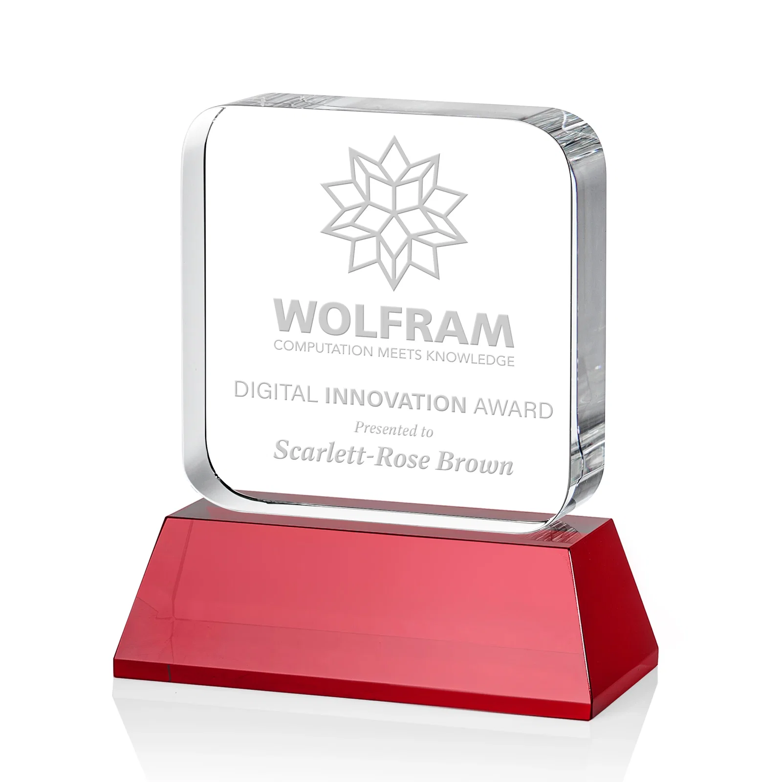 Promotional Rounded-Edge Optical Crystal Block Award on an Amber Crystal Base, awards for safety achievement programs