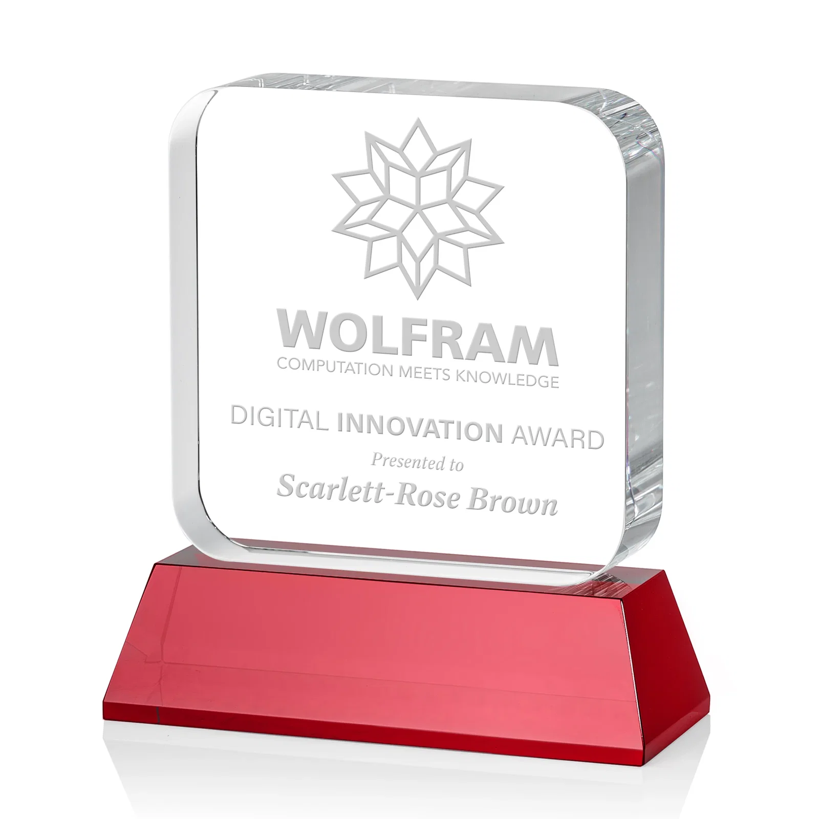 Promotional Rounded-Edge Optical Crystal Block Award on an Amber Crystal Base, awards for volunteer appreciation