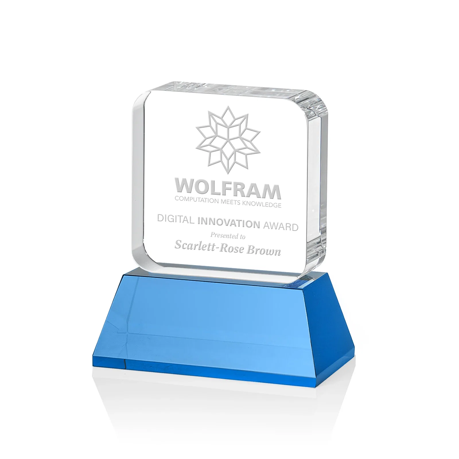 Promotional Rounded-Edge Optical Crystal Block Award on an Amber Crystal Base, awards for company anniversary events