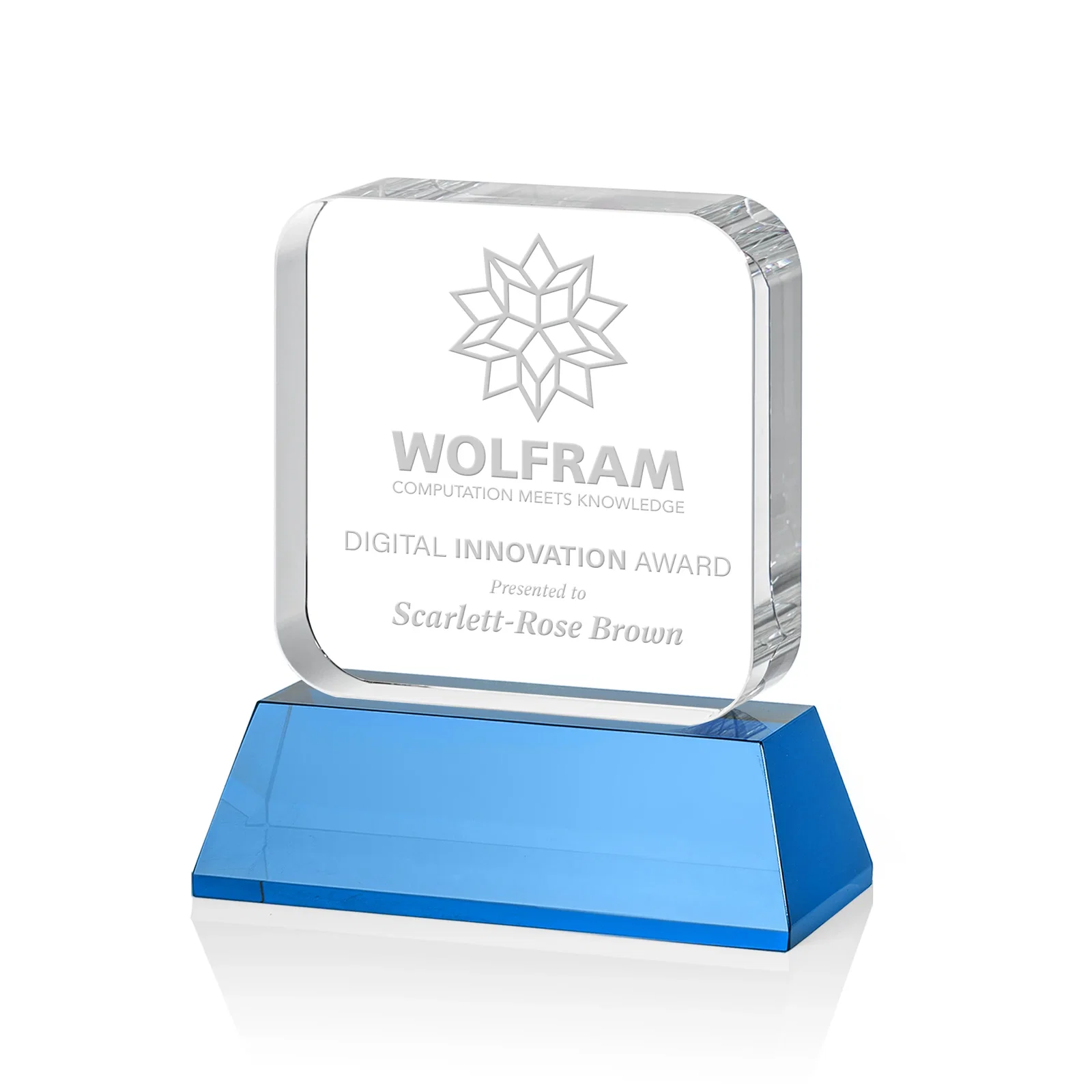 Branded Rounded-Edge Optical Crystal Block Award on an Amber Crystal Base, awards for employee recognition