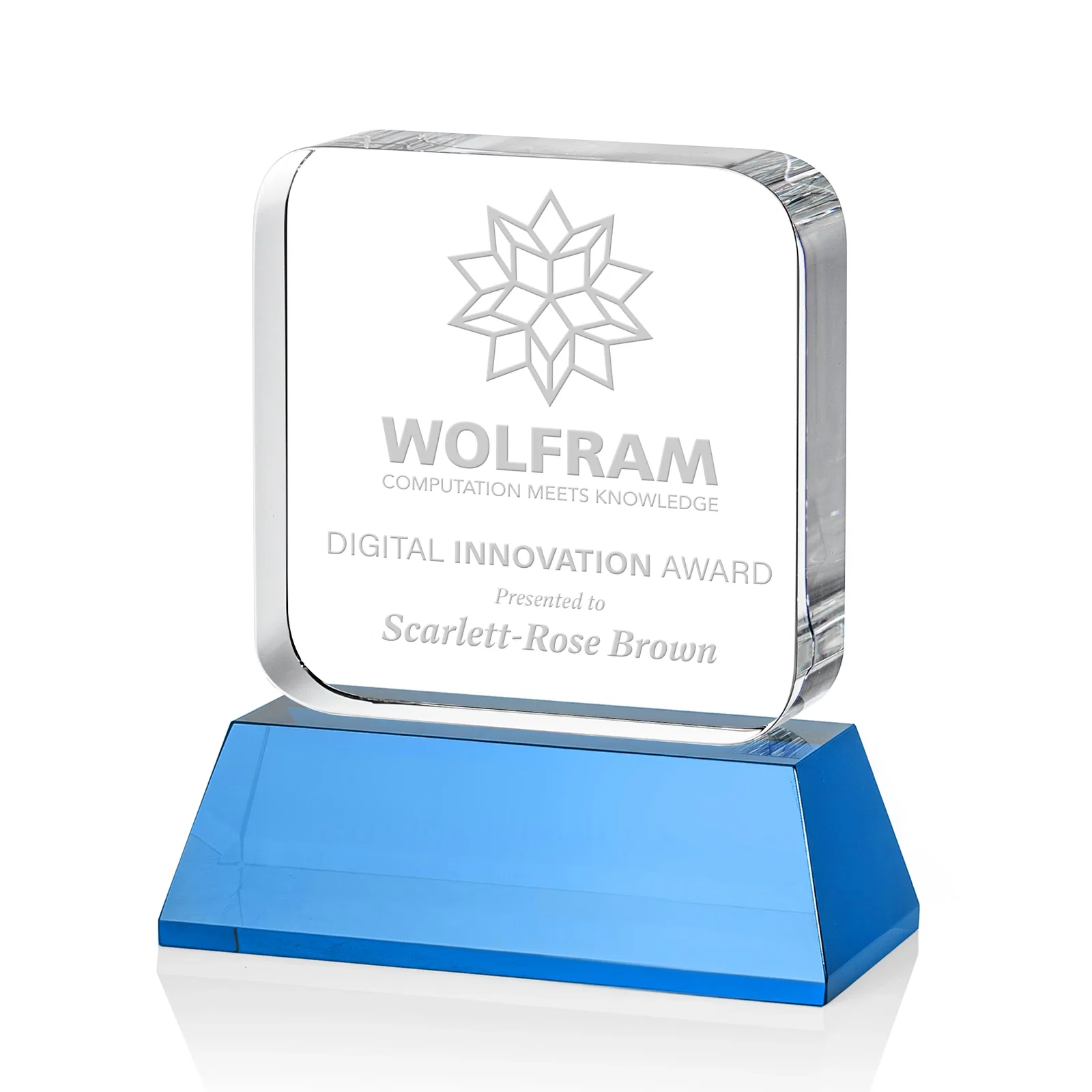 Branded Rounded-Edge Optical Crystal Block Award on an Amber Crystal Base, awards for corporate award ceremonies
