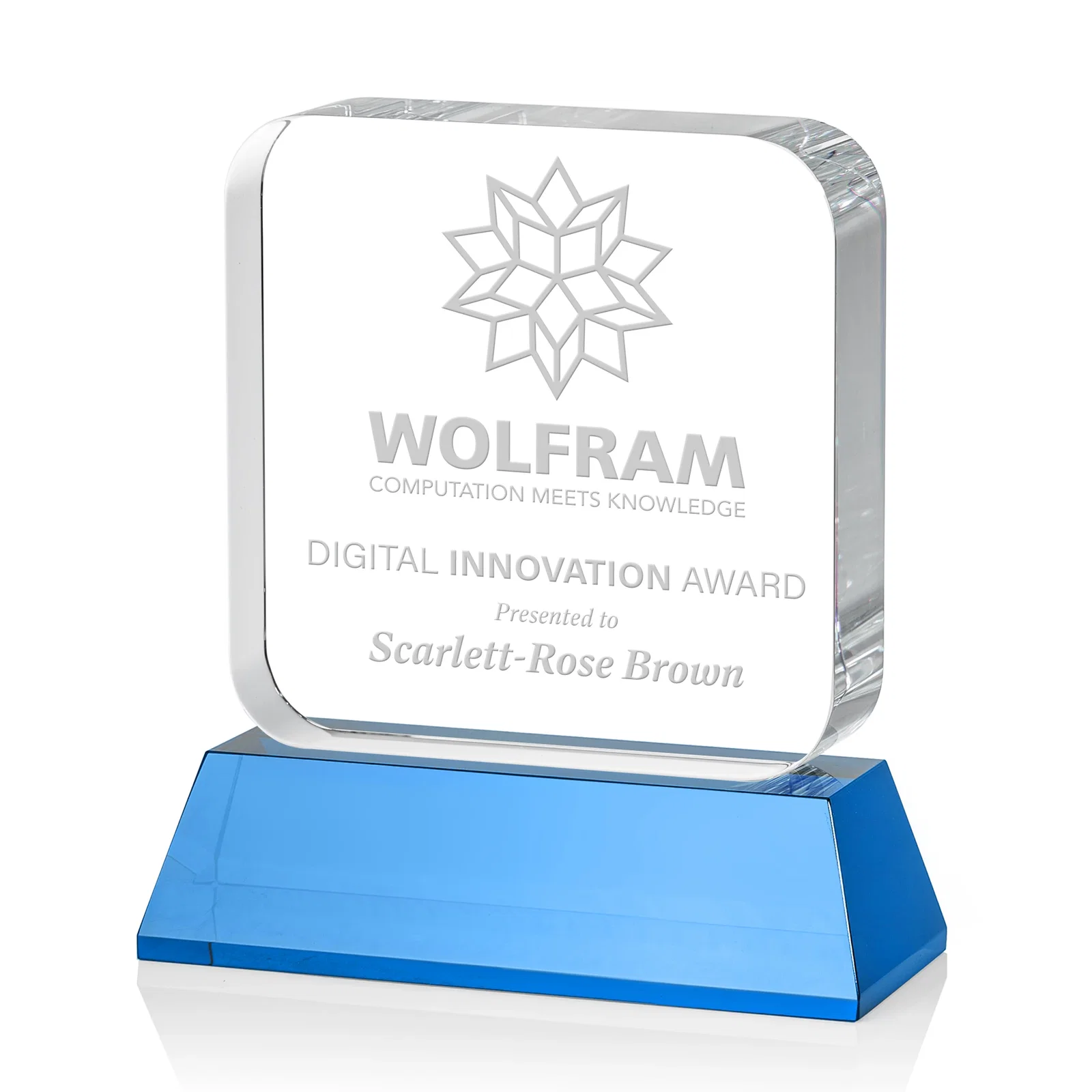 Branded Rounded-Edge Optical Crystal Block Award on an Amber Crystal Base, awards for service anniversary gifts