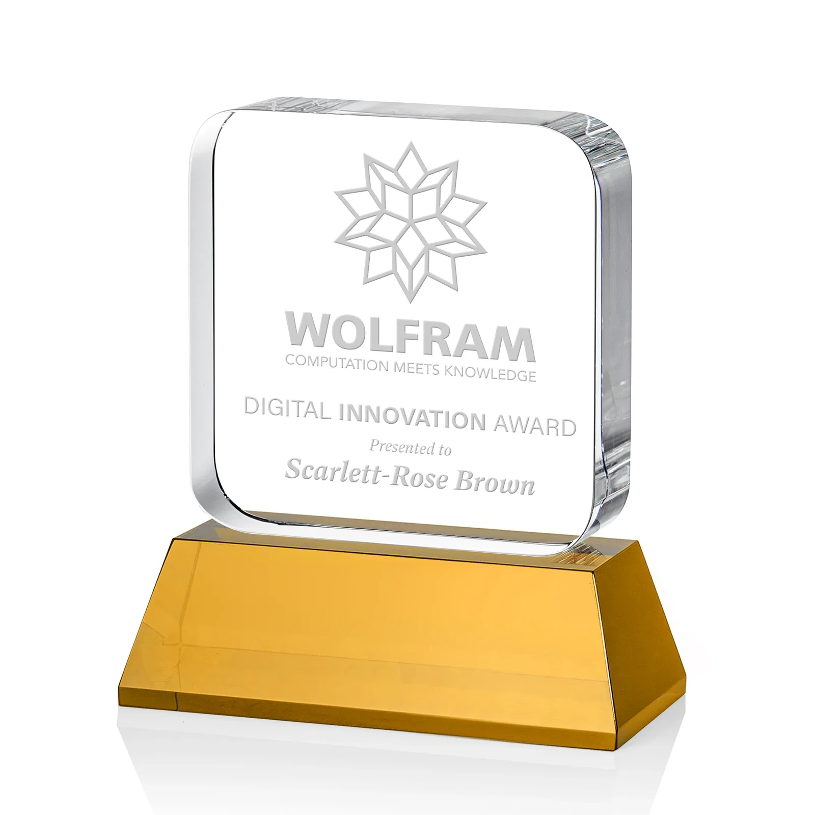 Custom Rounded-Edge Optical Crystal Block Award on an Amber Crystal Base, awards for sales achievement awards