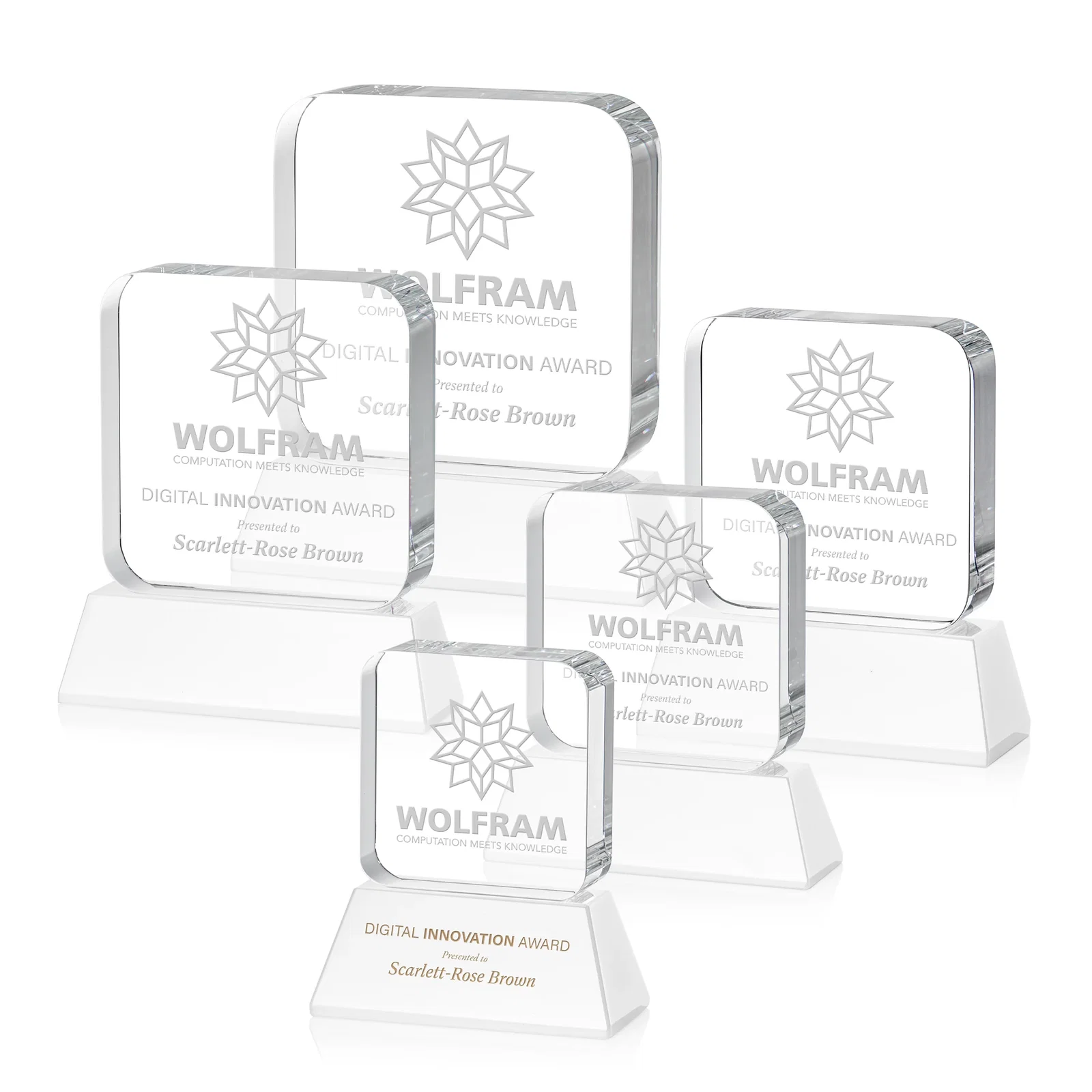 Branded Rounded-Edge Optical Crystal Block Award on an Amber Crystal Base, awards for sales achievement awards