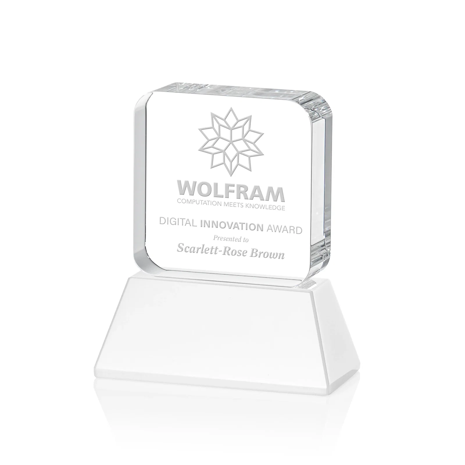 Branded Rounded-Edge Optical Crystal Block Award on an Amber Crystal Base, awards for retirement presentations