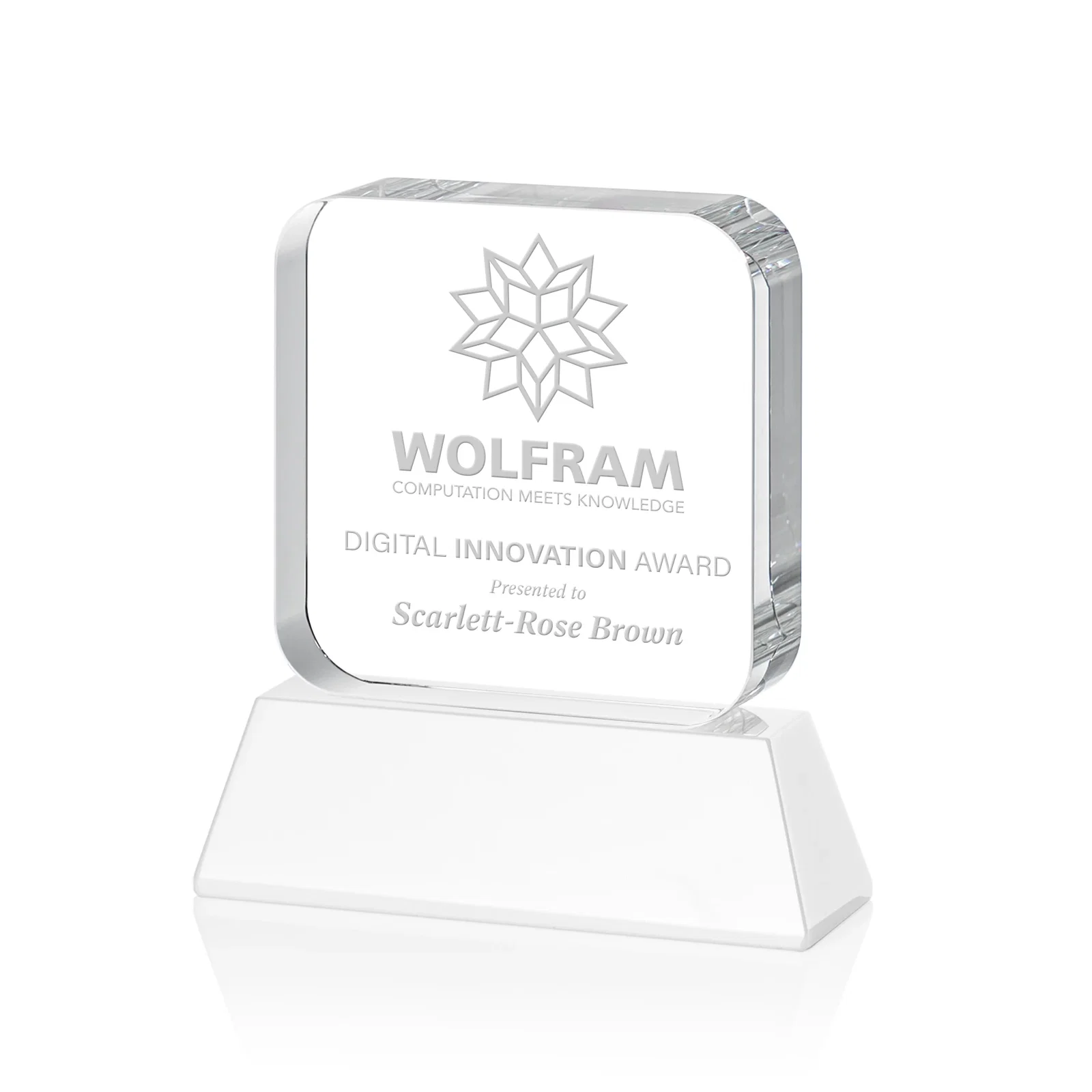Branded Rounded-Edge Optical Crystal Block Award on an Amber Crystal Base, awards for team milestone celebrations