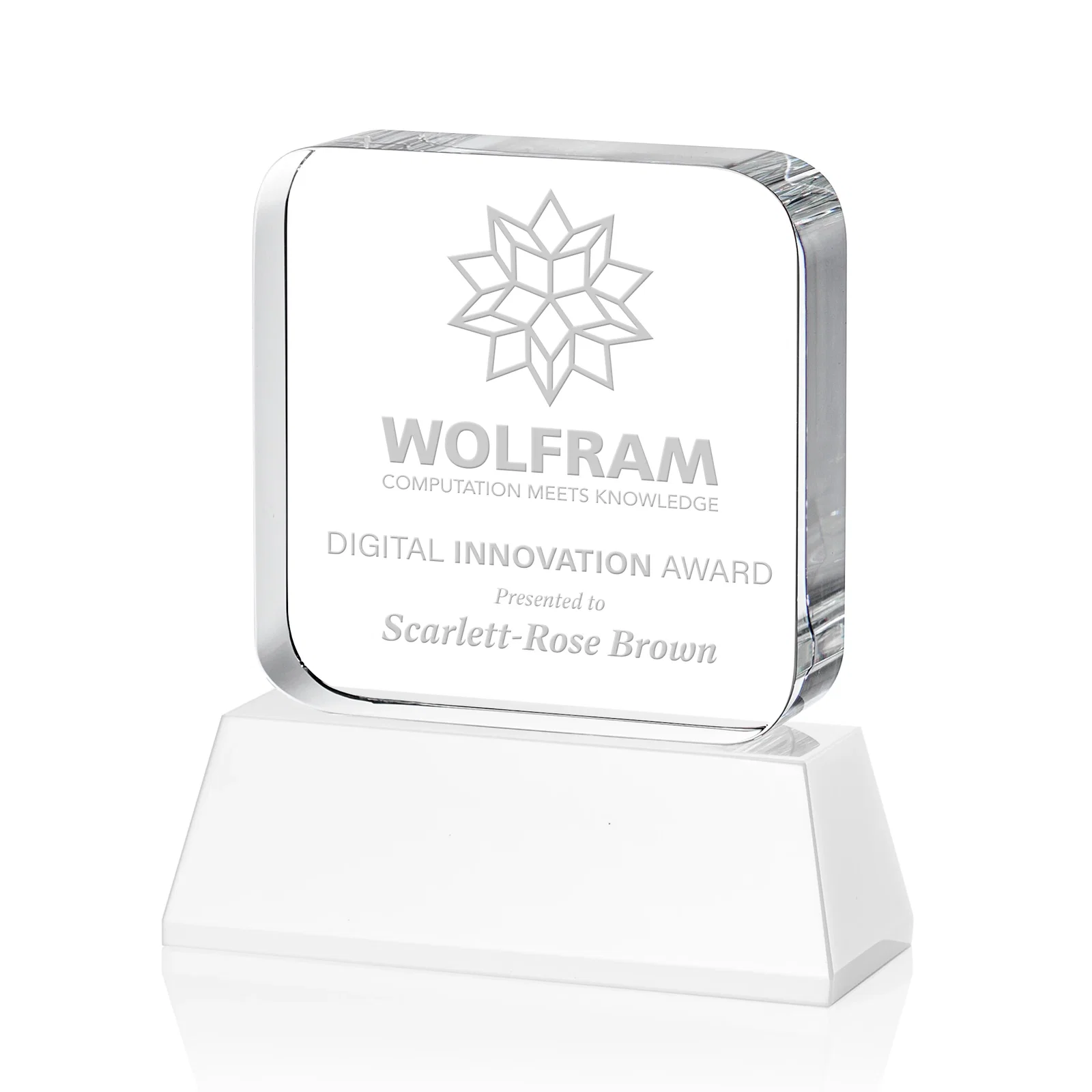 Branded Rounded-Edge Optical Crystal Block Award on an Amber Crystal Base, awards for donor appreciation