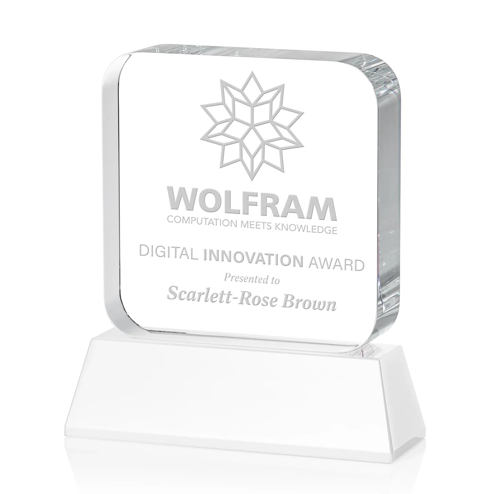Branded Rounded-Edge Optical Crystal Block Award on an Amber Crystal Base, awards for graduation ceremonies
