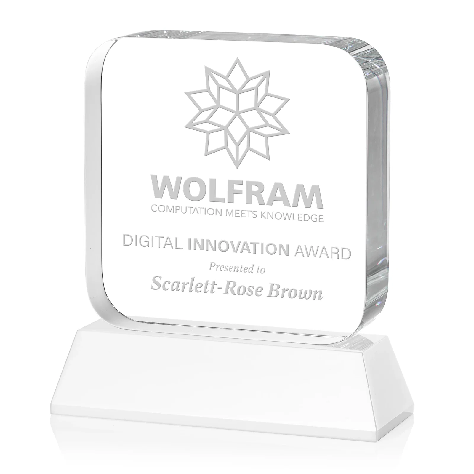 Branded Rounded-Edge Optical Crystal Block Award on an Amber Crystal Base, awards for safety achievement programs