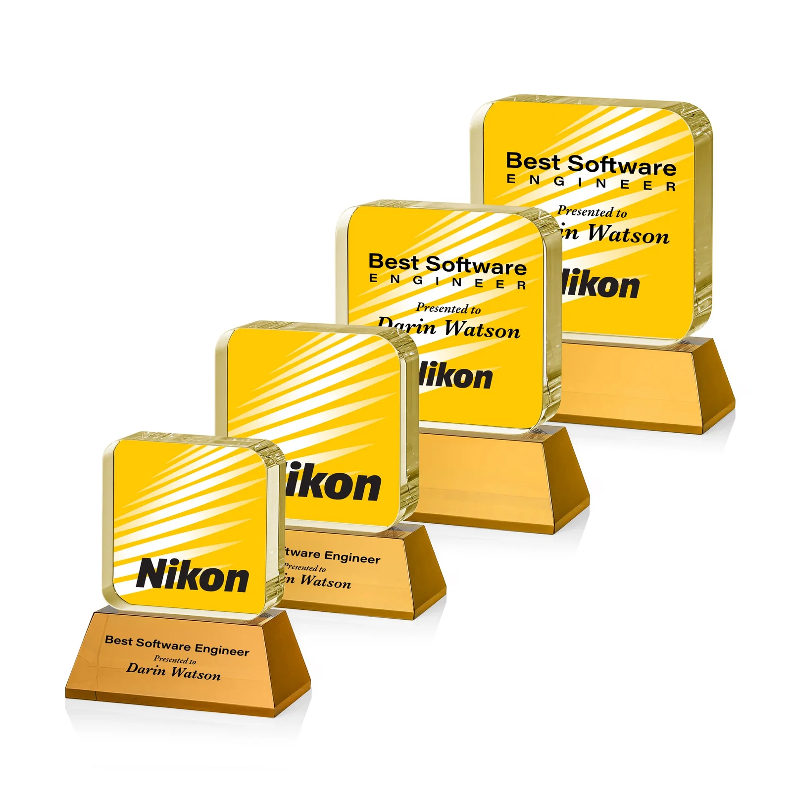 Branded Rounded-Edge Optical Crystal Block Award on an Amber Crystal Base, awards for volunteer appreciation