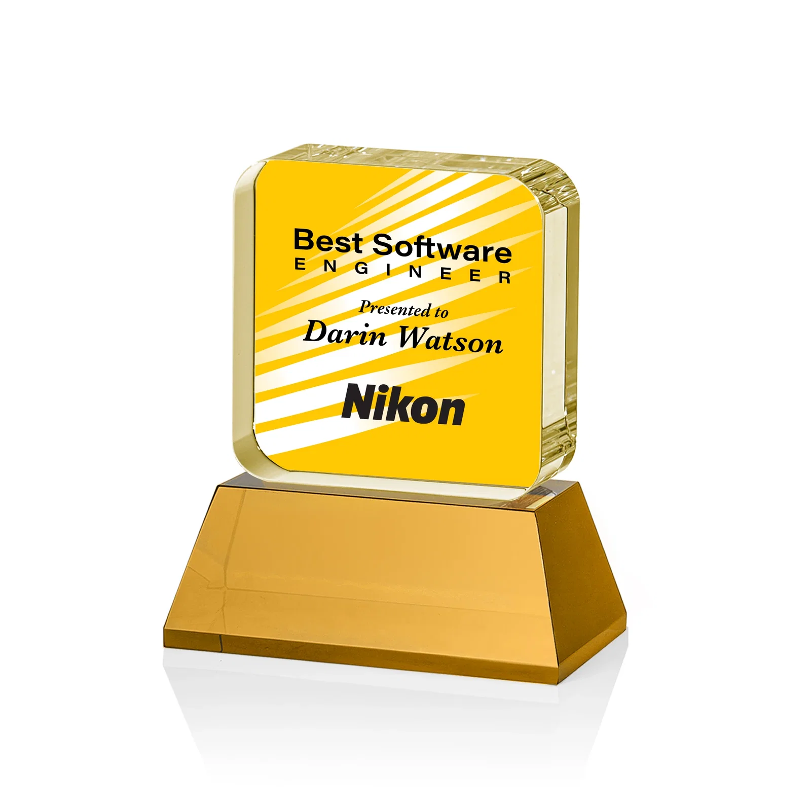 Branded Rounded-Edge Optical Crystal Block Award on an Amber Crystal Base, awards for dealer and partner awards