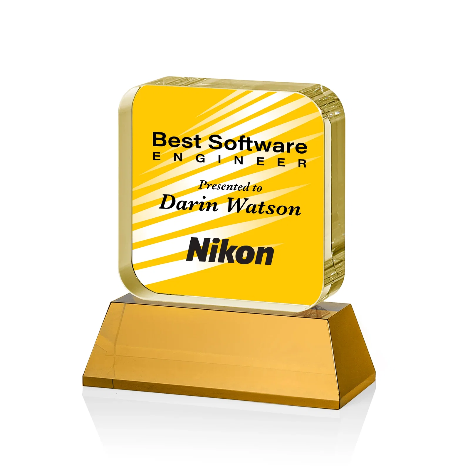 Branded Rounded-Edge Optical Crystal Block Award on an Amber Crystal Base, awards for company anniversary events