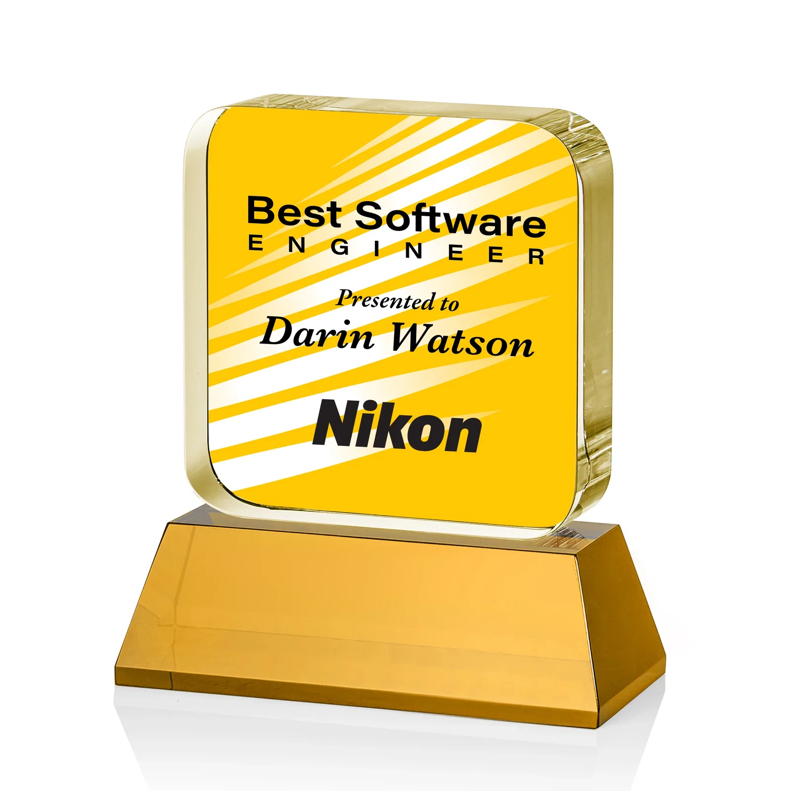 Custom printed Rounded-Edge Optical Crystal Block Award on an Amber Crystal Base, awards for employee recognition