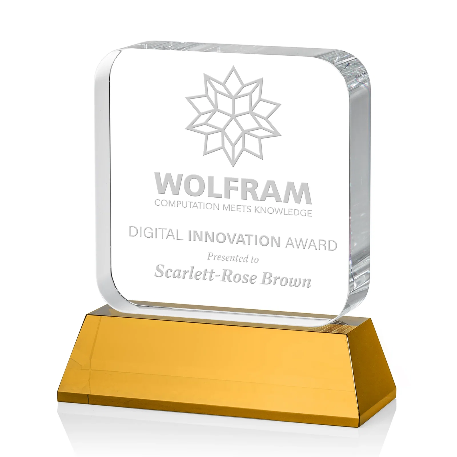 Custom Rounded-Edge Optical Crystal Block Award on an Amber Crystal Base, awards for retirement presentations