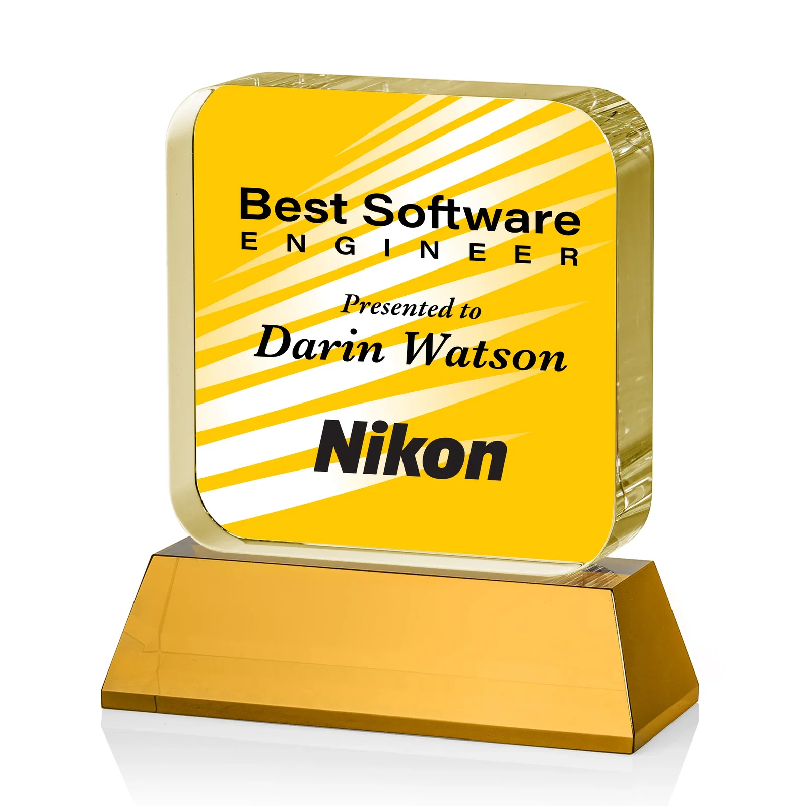 Custom printed Rounded-Edge Optical Crystal Block Award on an Amber Crystal Base, awards for corporate award ceremonies