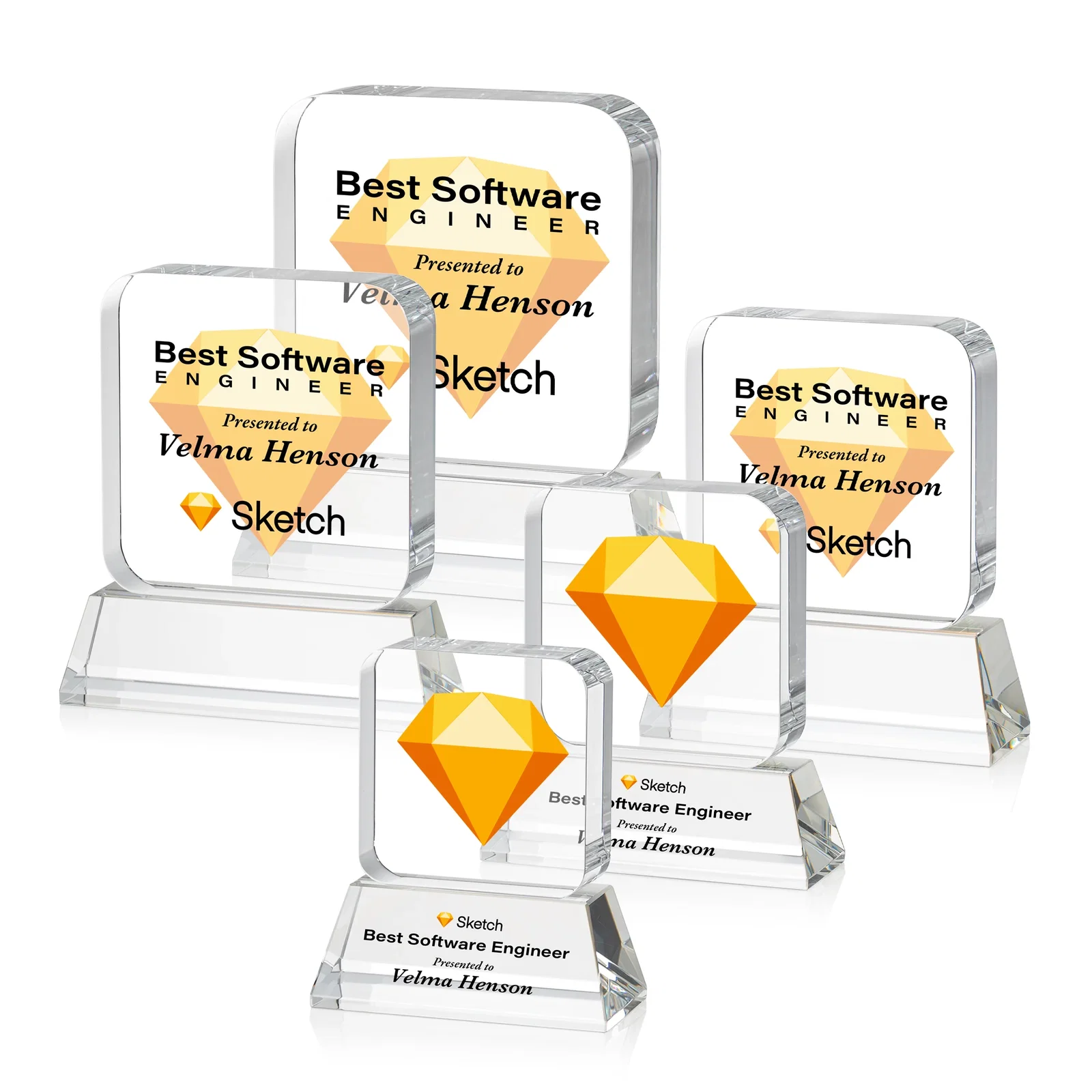 Custom printed Rounded-Edge Optical Crystal Block Award on an Amber Crystal Base, awards for service anniversary gifts