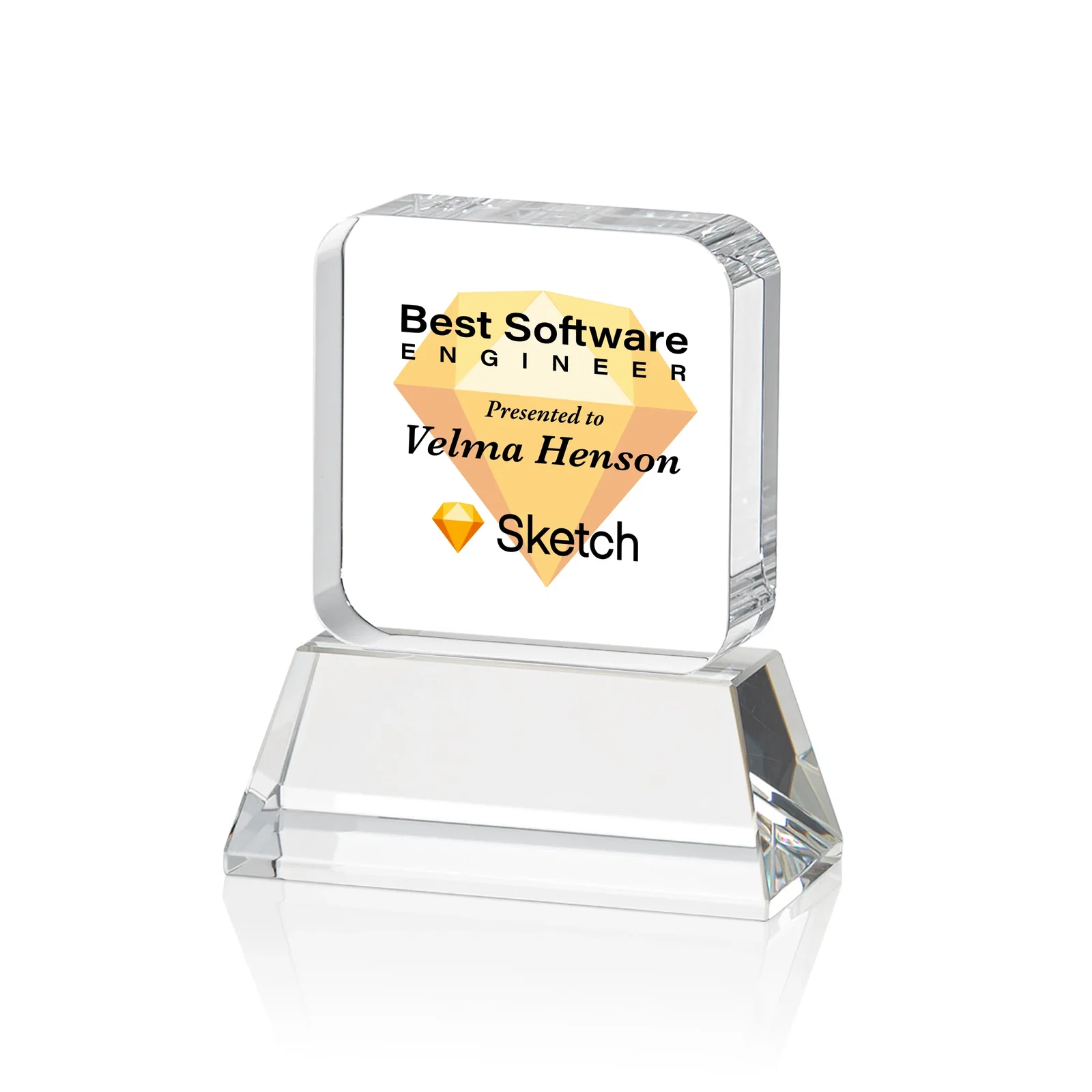 Custom printed Rounded-Edge Optical Crystal Block Award on an Amber Crystal Base, awards for sales achievement awards