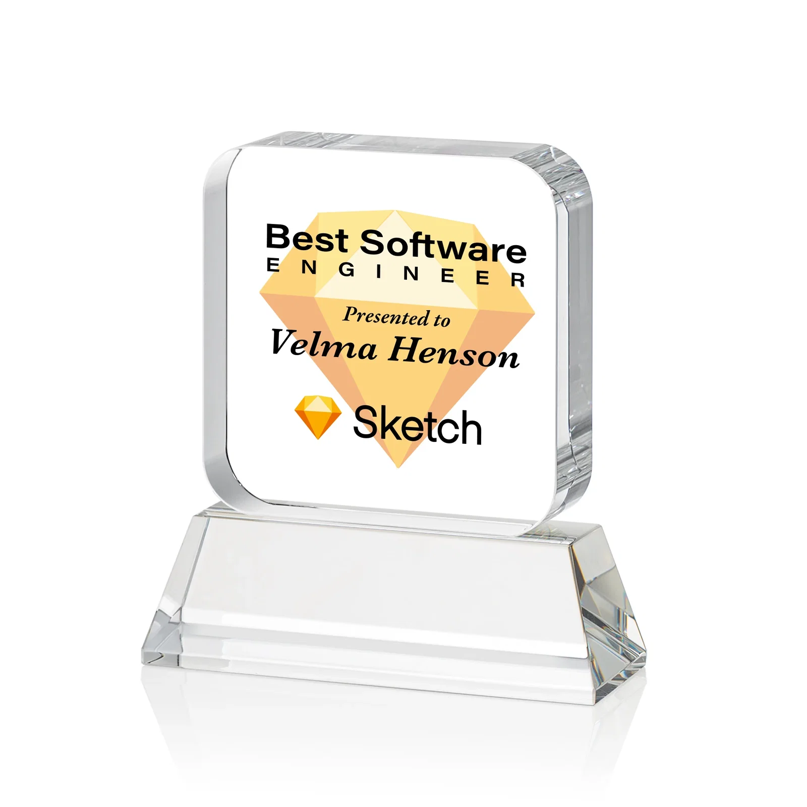 Custom printed Rounded-Edge Optical Crystal Block Award on an Amber Crystal Base, awards for retirement presentations
