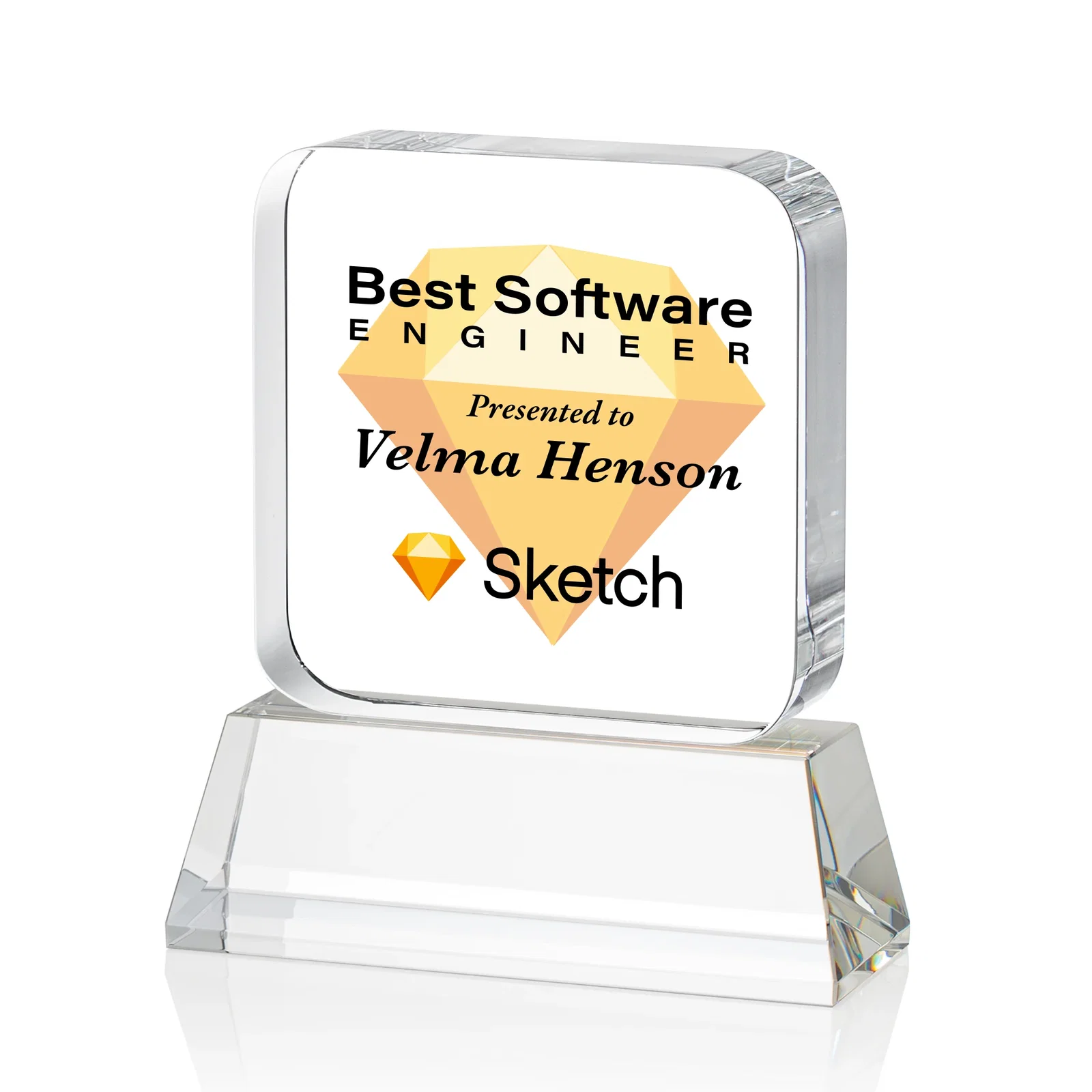 Custom printed Rounded-Edge Optical Crystal Block Award on an Amber Crystal Base, awards for team milestone celebrations