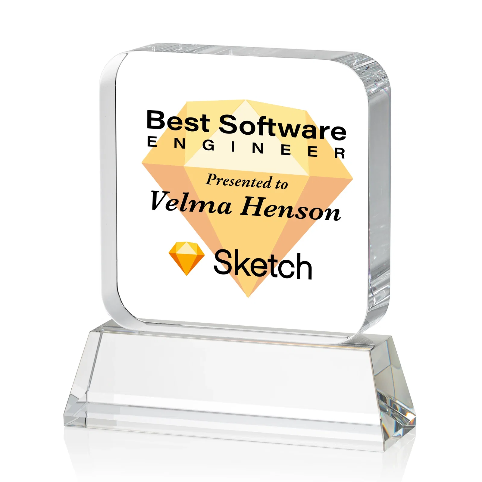 Custom printed Rounded-Edge Optical Crystal Block Award on an Amber Crystal Base, awards for donor appreciation