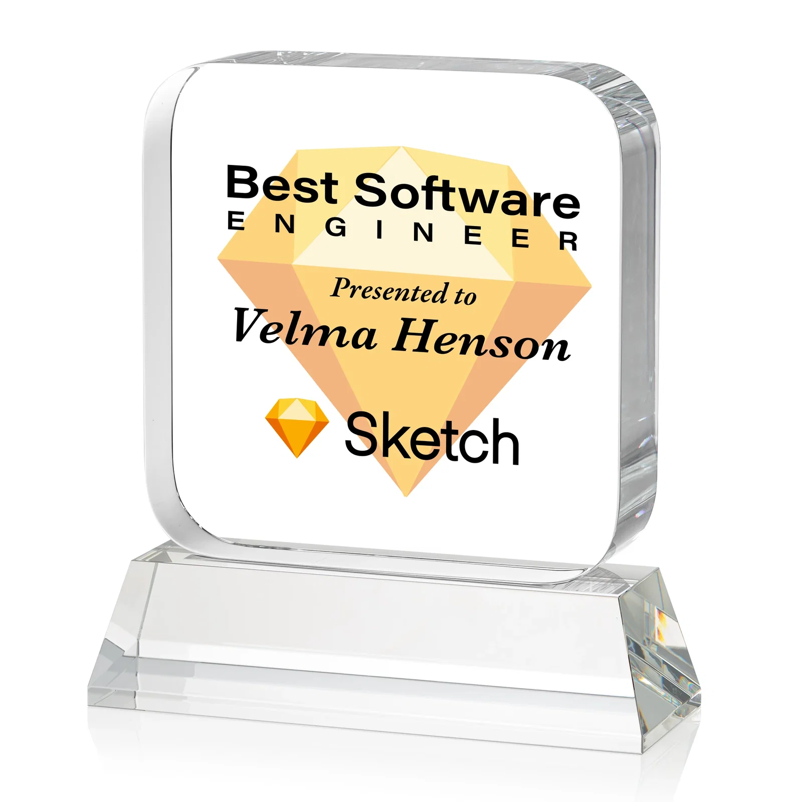 Custom printed Rounded-Edge Optical Crystal Block Award on an Amber Crystal Base, awards for graduation ceremonies