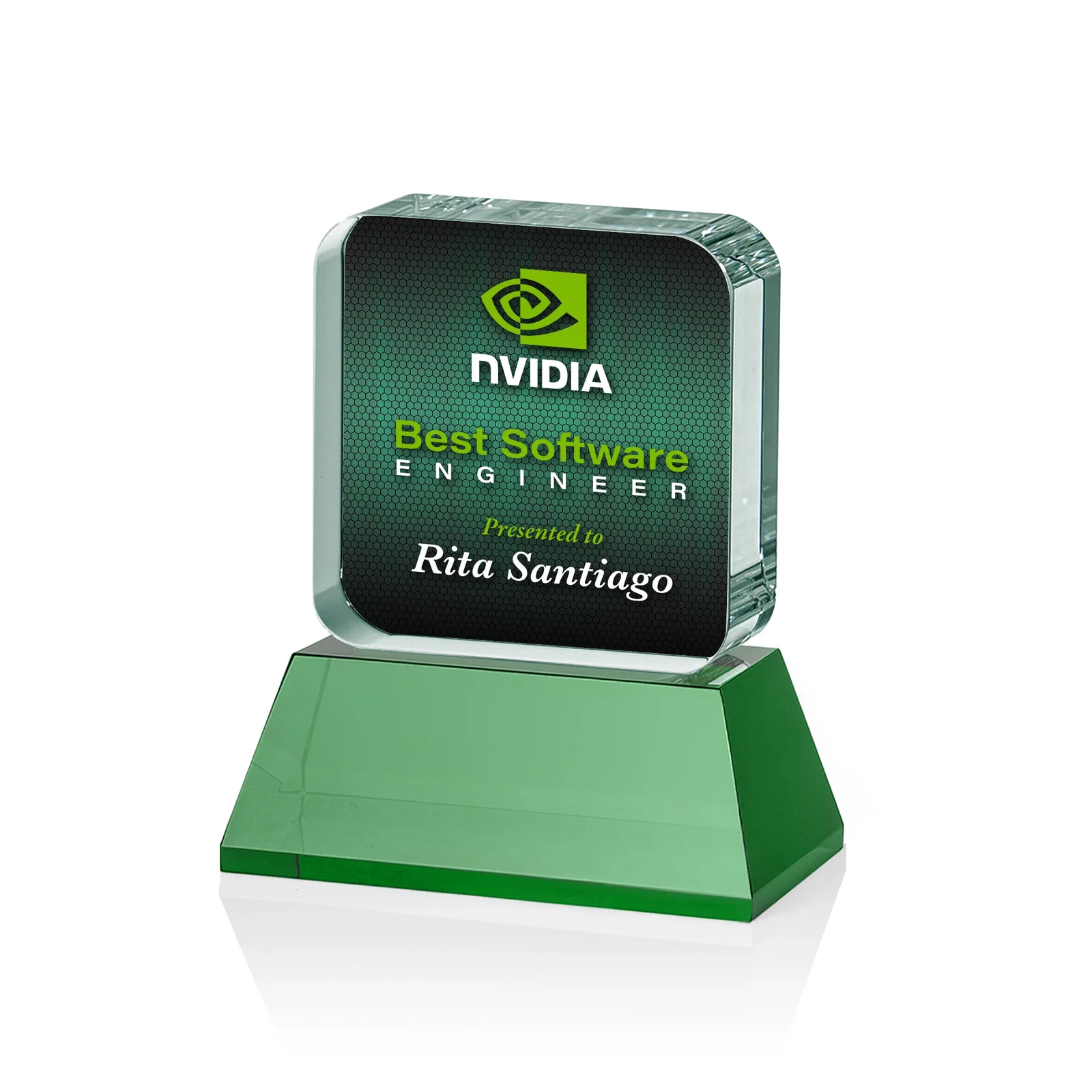 Custom printed Rounded-Edge Optical Crystal Block Award on an Amber Crystal Base, awards for volunteer appreciation