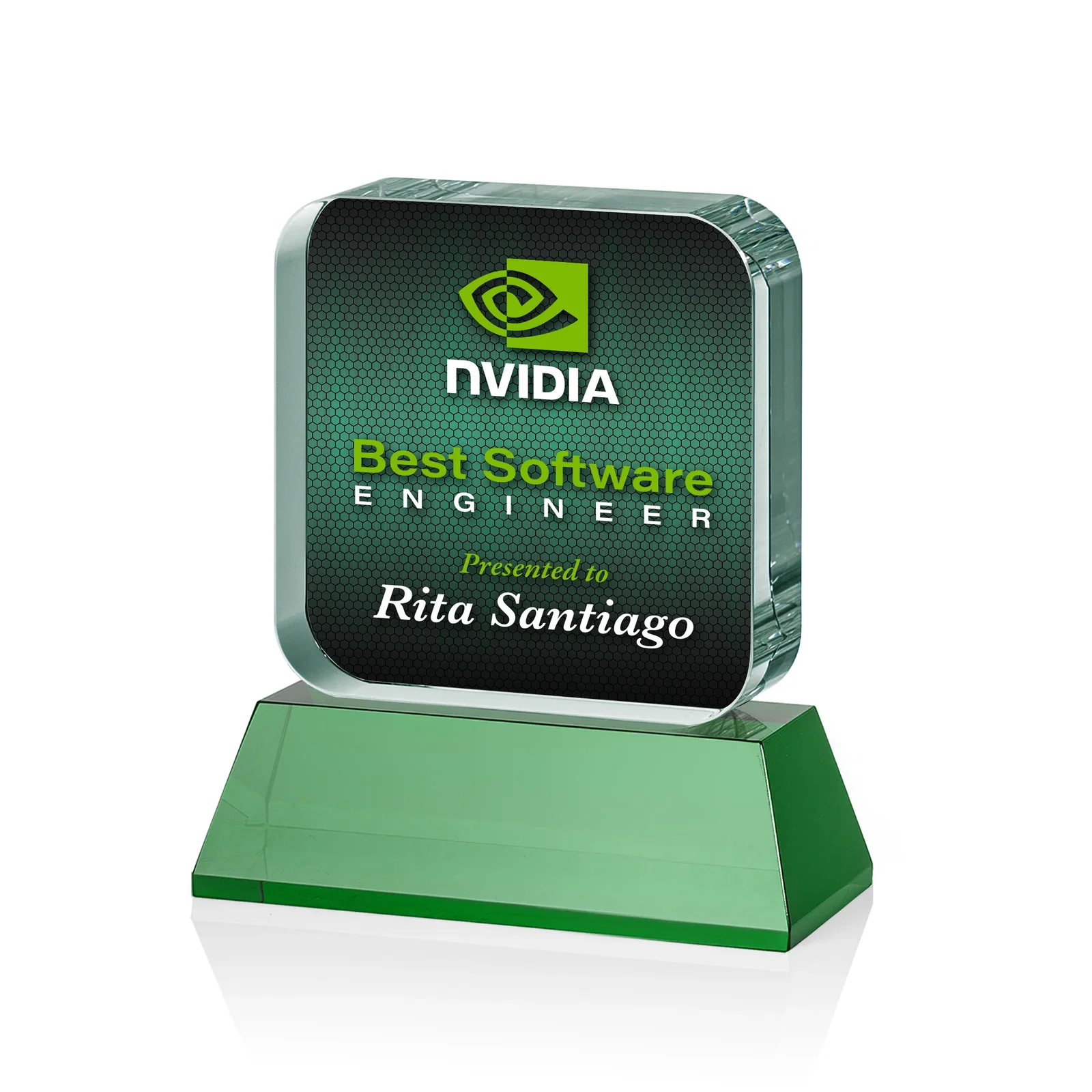 Custom printed Rounded-Edge Optical Crystal Block Award on an Amber Crystal Base, awards for dealer and partner awards