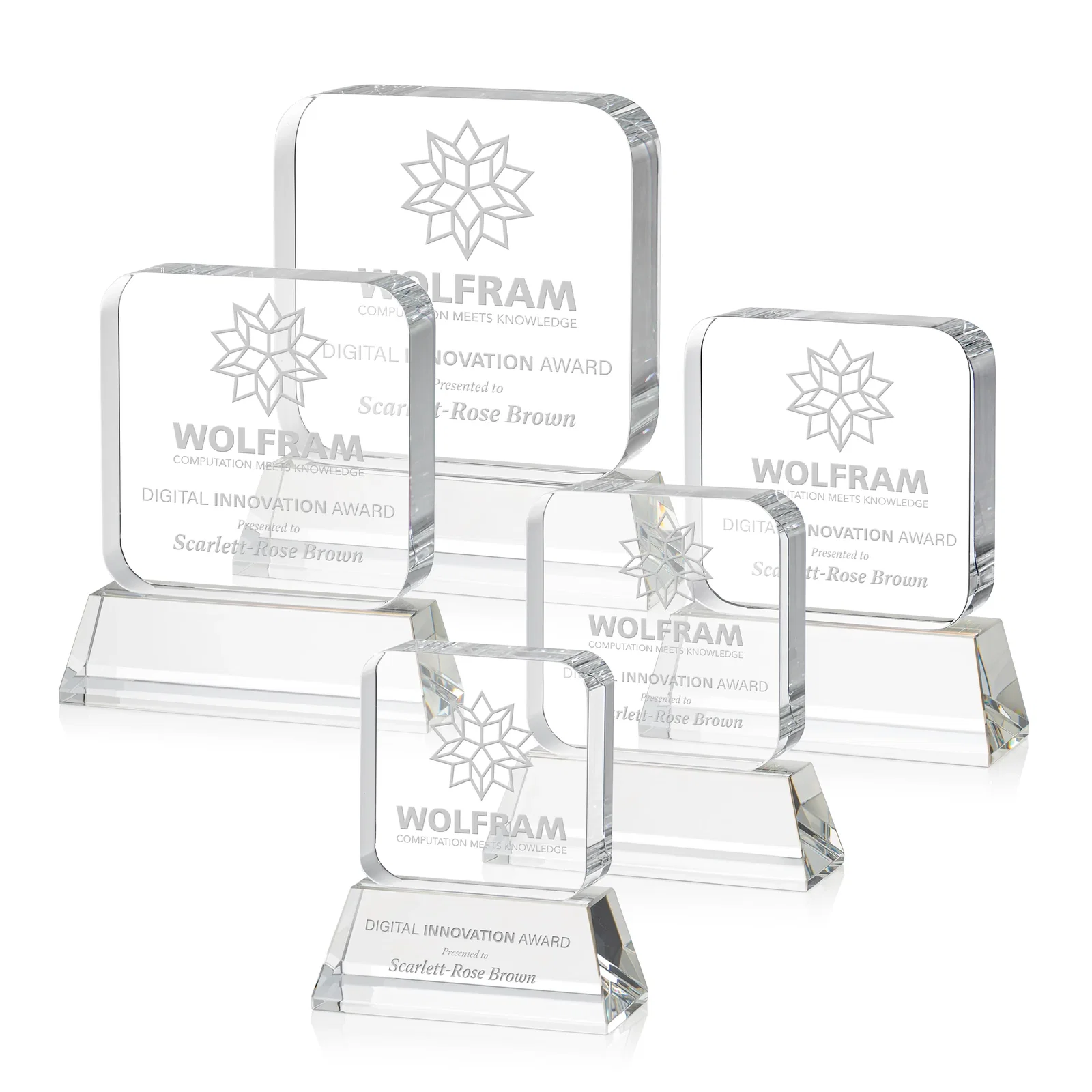 Custom Rounded-Edge Optical Crystal Block Award on an Amber Crystal Base, awards for team milestone celebrations