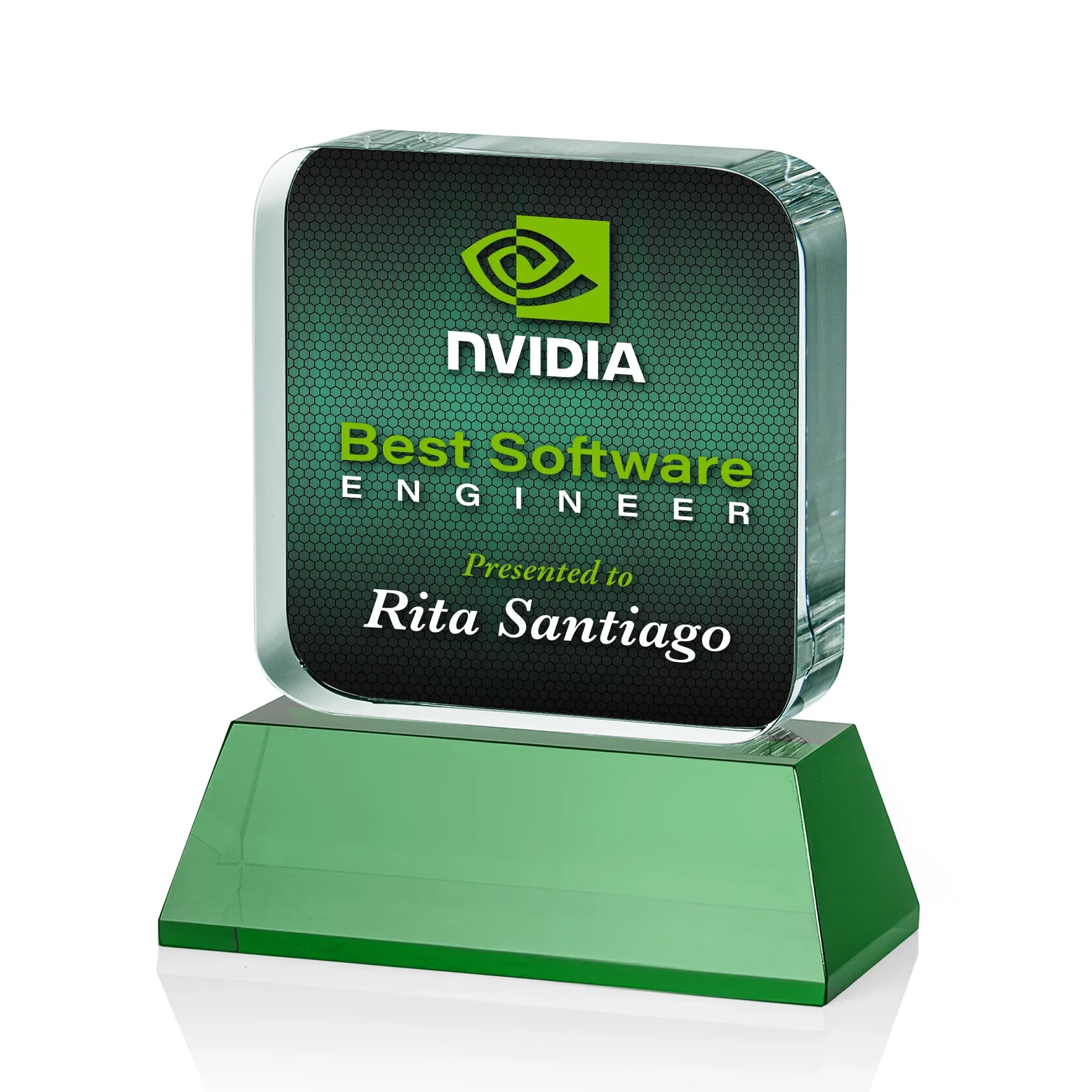 Custom printed Rounded-Edge Optical Crystal Block Award on an Amber Crystal Base, awards for company anniversary events
