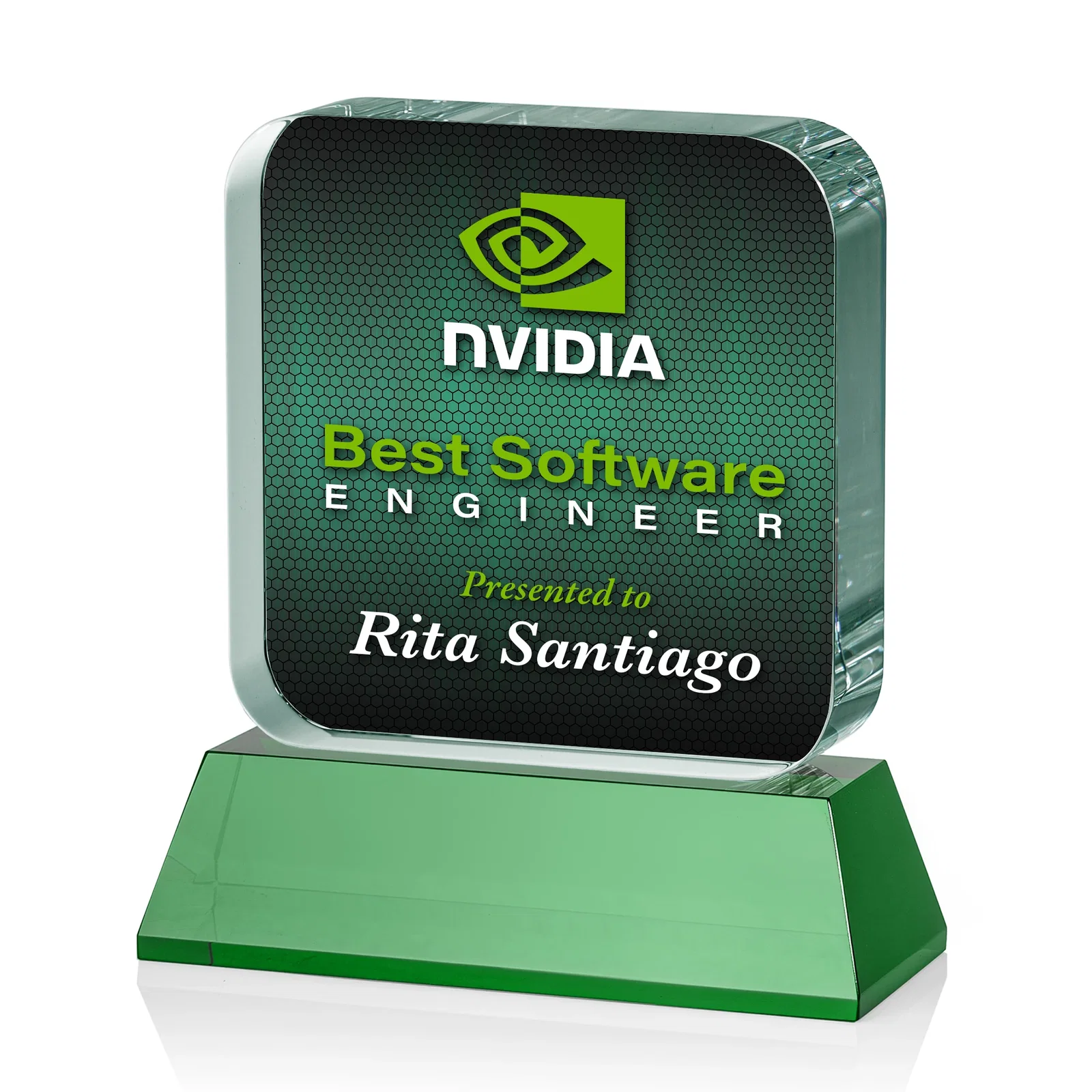 Customized Rounded-Edge Optical Crystal Block Award on an Amber Crystal Base, awards for employee recognition
