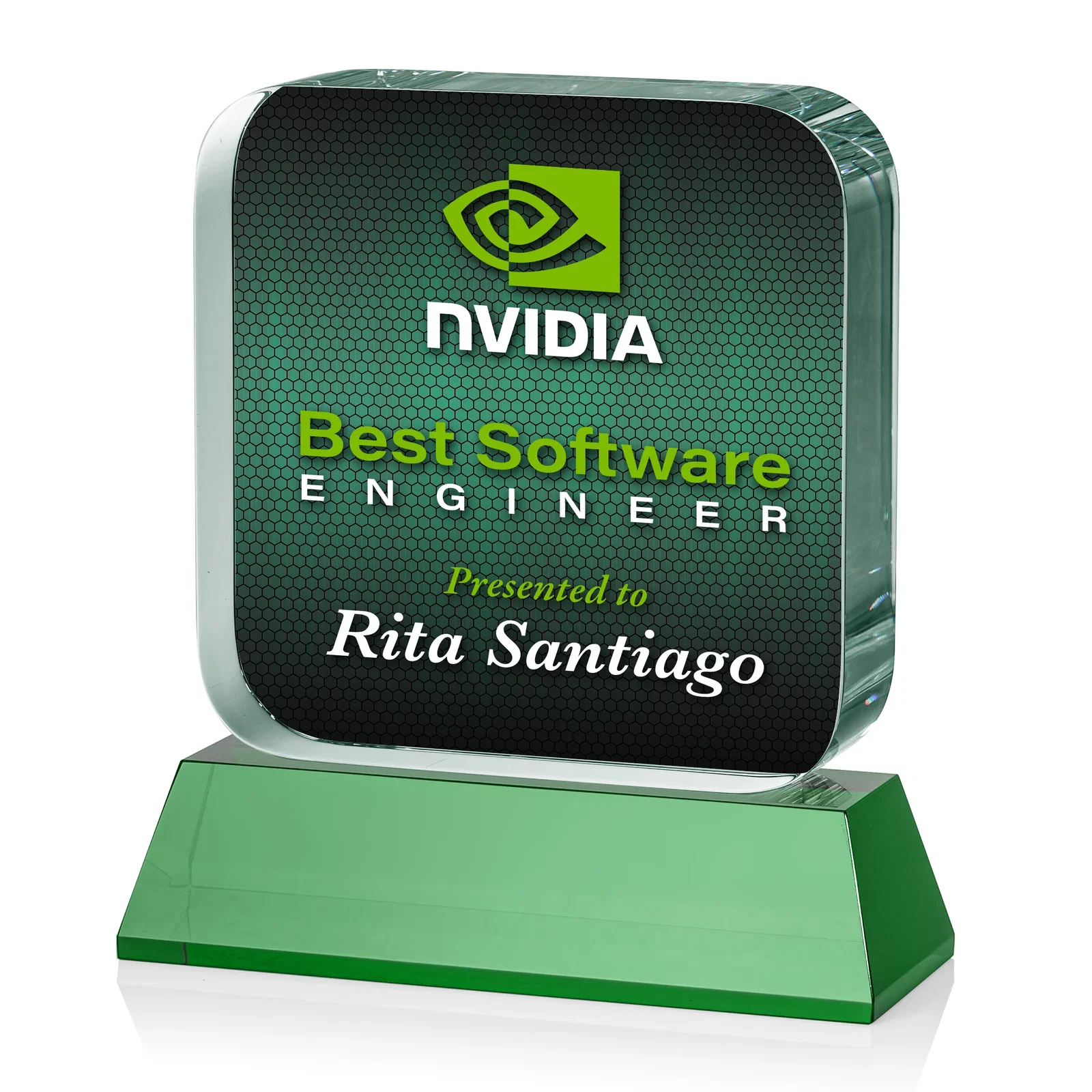 Customized Rounded-Edge Optical Crystal Block Award on an Amber Crystal Base, awards for corporate award ceremonies