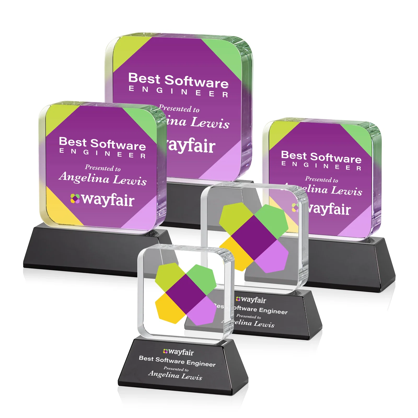 Customized Rounded-Edge Optical Crystal Block Award on an Amber Crystal Base, awards for service anniversary gifts