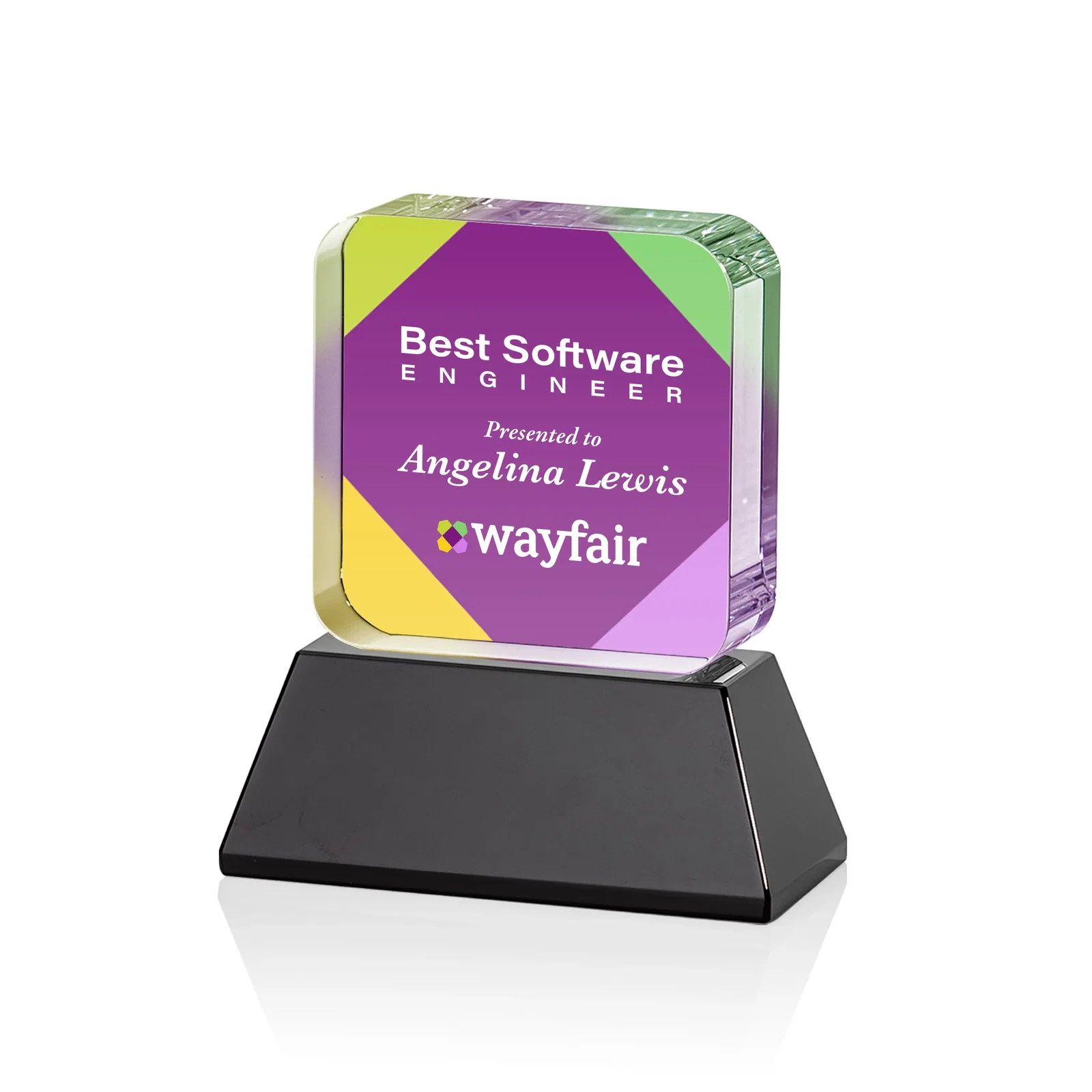 Customized Rounded-Edge Optical Crystal Block Award on an Amber Crystal Base, awards for sales achievement awards