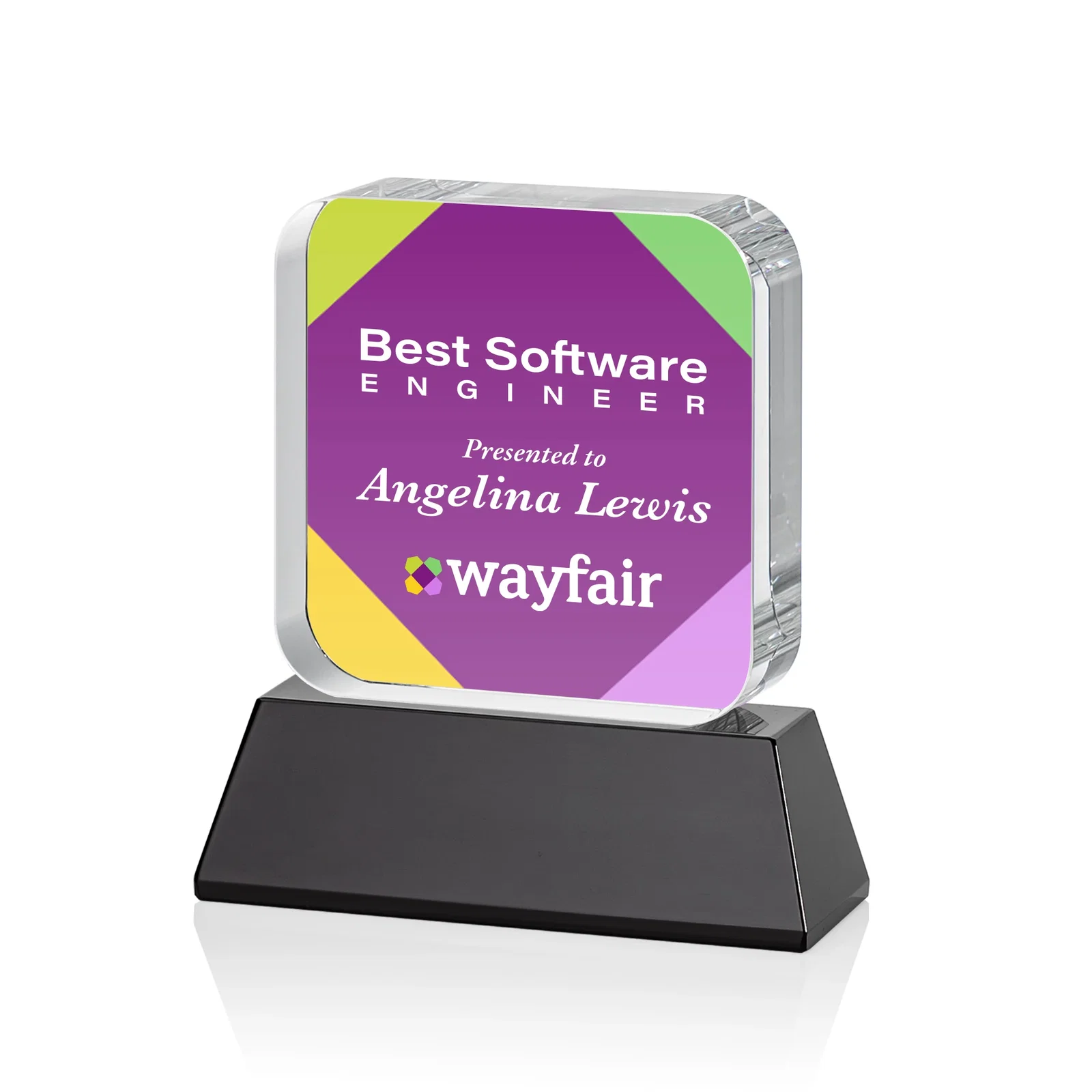 Customized Rounded-Edge Optical Crystal Block Award on an Amber Crystal Base, awards for retirement presentations