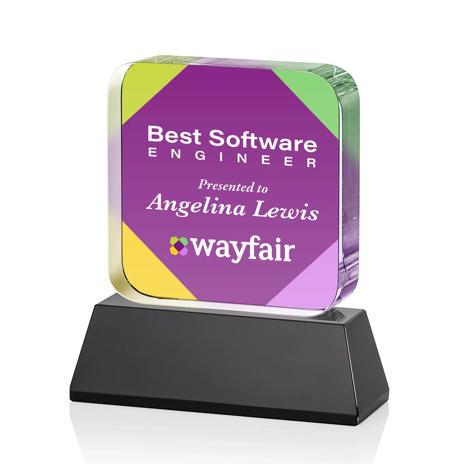 Customized Rounded-Edge Optical Crystal Block Award on an Amber Crystal Base, awards for team milestone celebrations