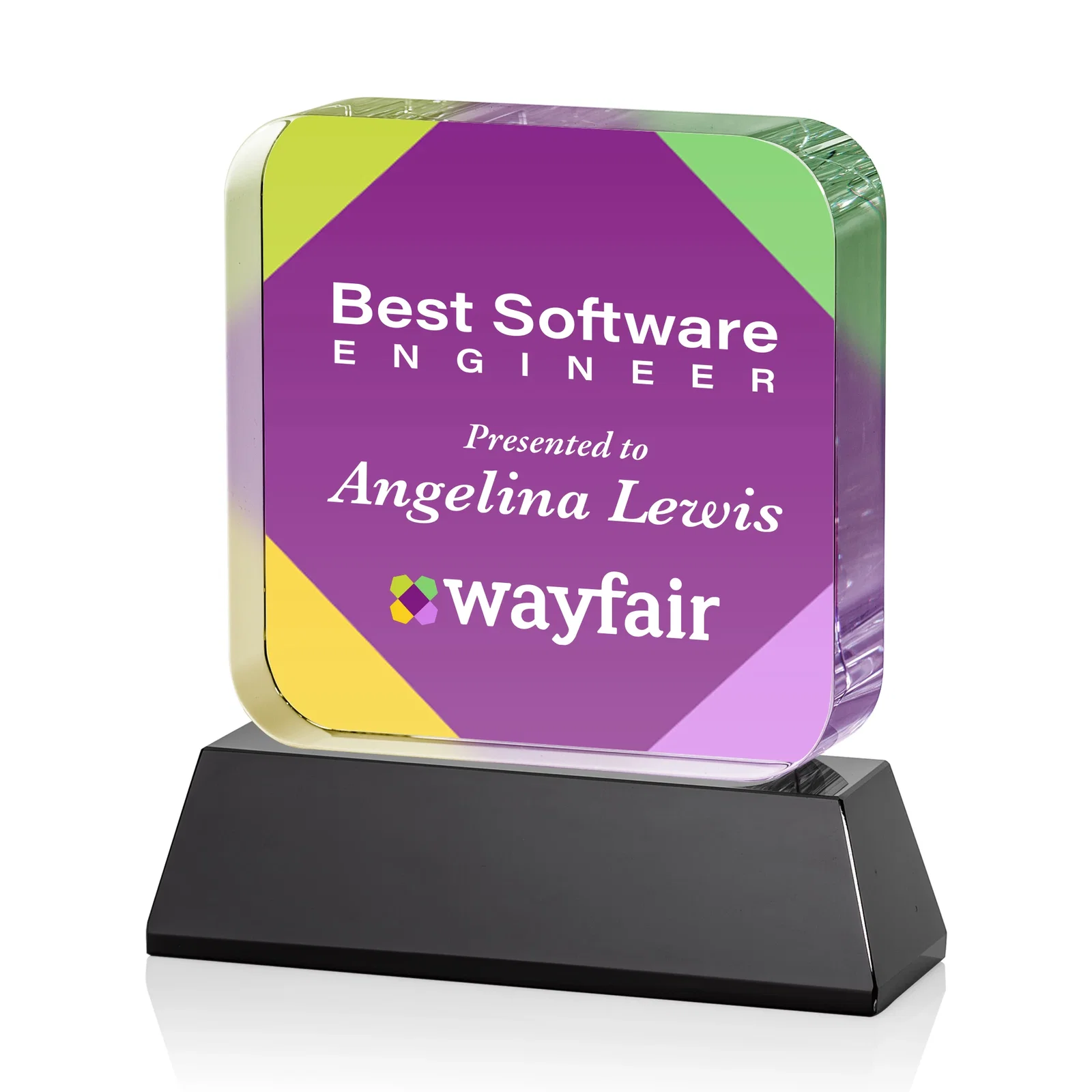 Customized Rounded-Edge Optical Crystal Block Award on an Amber Crystal Base, awards for donor appreciation