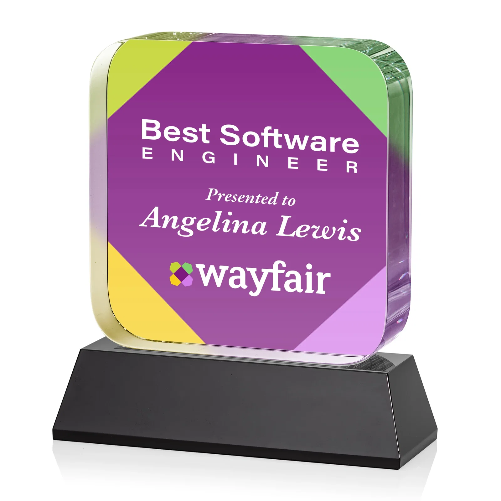 Customized Rounded-Edge Optical Crystal Block Award on an Amber Crystal Base, awards for graduation ceremonies