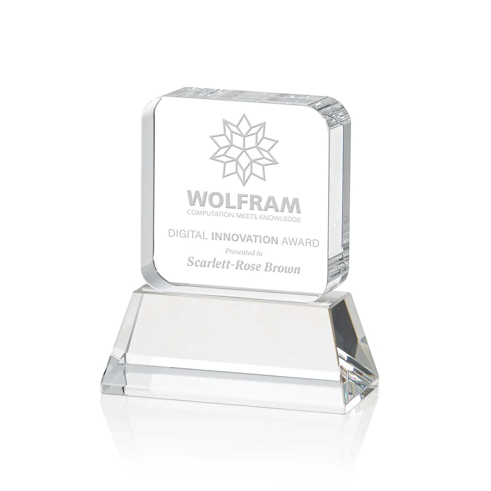 Custom Rounded-Edge Optical Crystal Block Award on an Amber Crystal Base, awards for donor appreciation