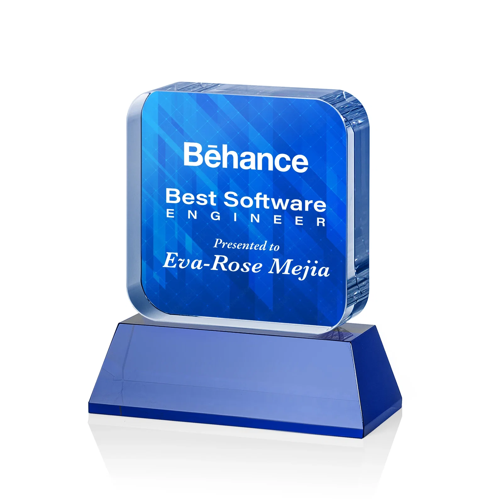 Customized Rounded-Edge Optical Crystal Block Award on an Amber Crystal Base, awards for dealer and partner awards