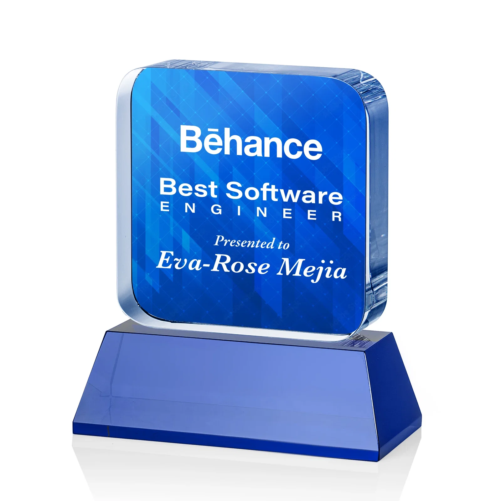Customized Rounded-Edge Optical Crystal Block Award on an Amber Crystal Base, awards for company anniversary events