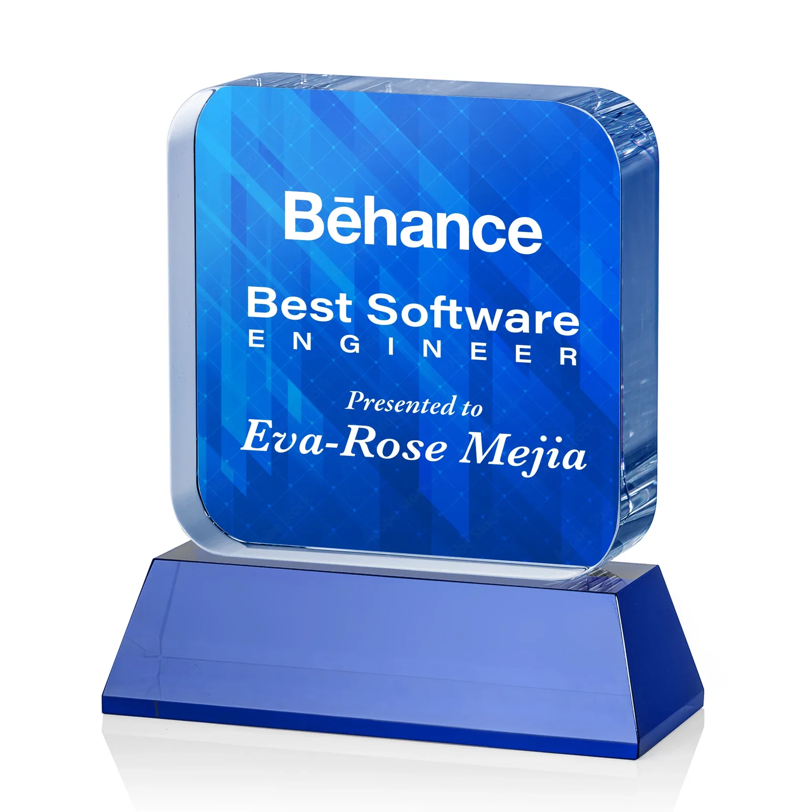Custom engraved Rounded-Edge Optical Crystal Block Award on an Amber Crystal Base, awards for employee recognition
