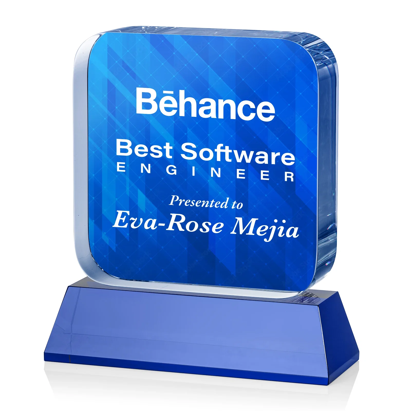 Custom engraved Rounded-Edge Optical Crystal Block Award on an Amber Crystal Base, awards for corporate award ceremonies