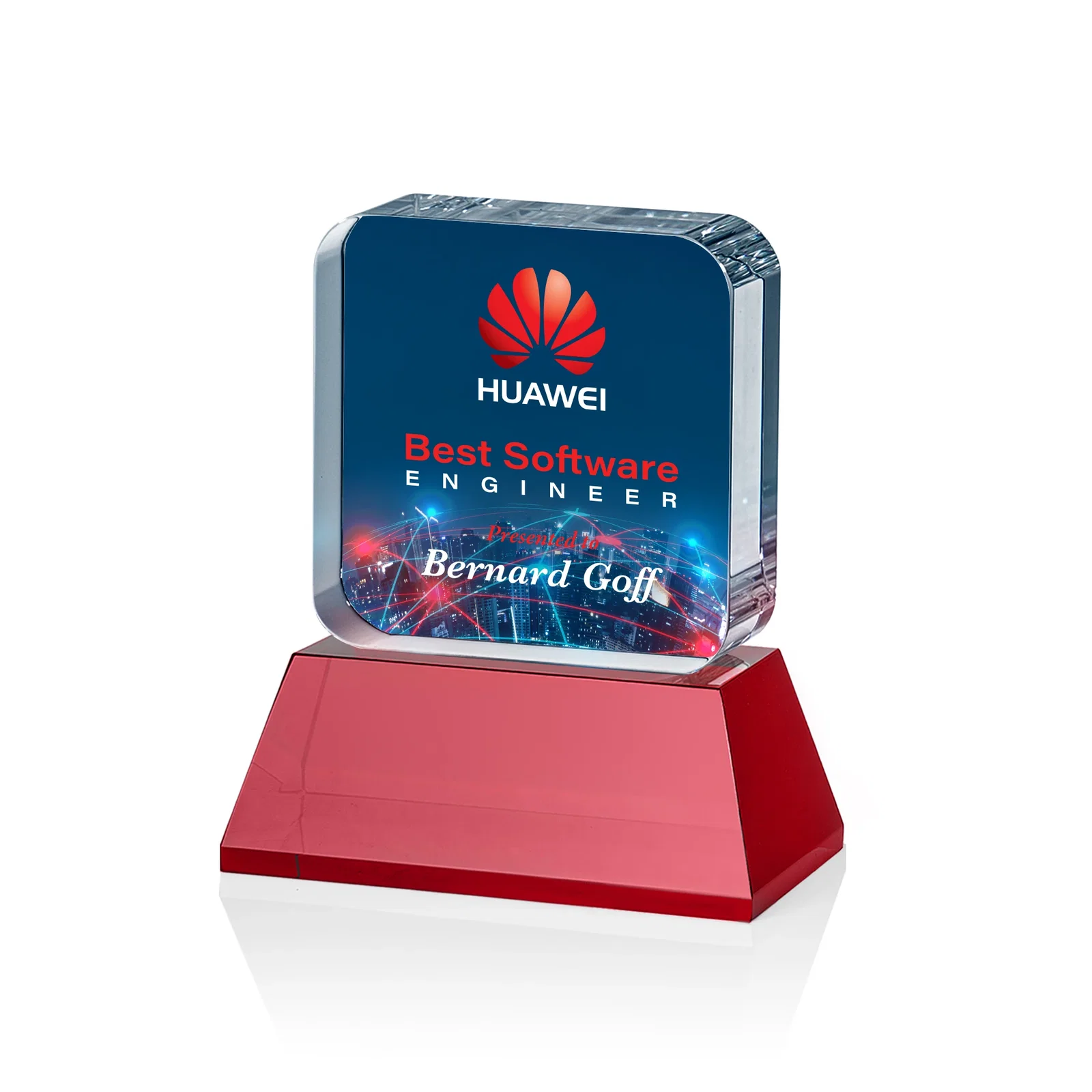 Custom engraved Rounded-Edge Optical Crystal Block Award on an Amber Crystal Base, awards for sales achievement awards