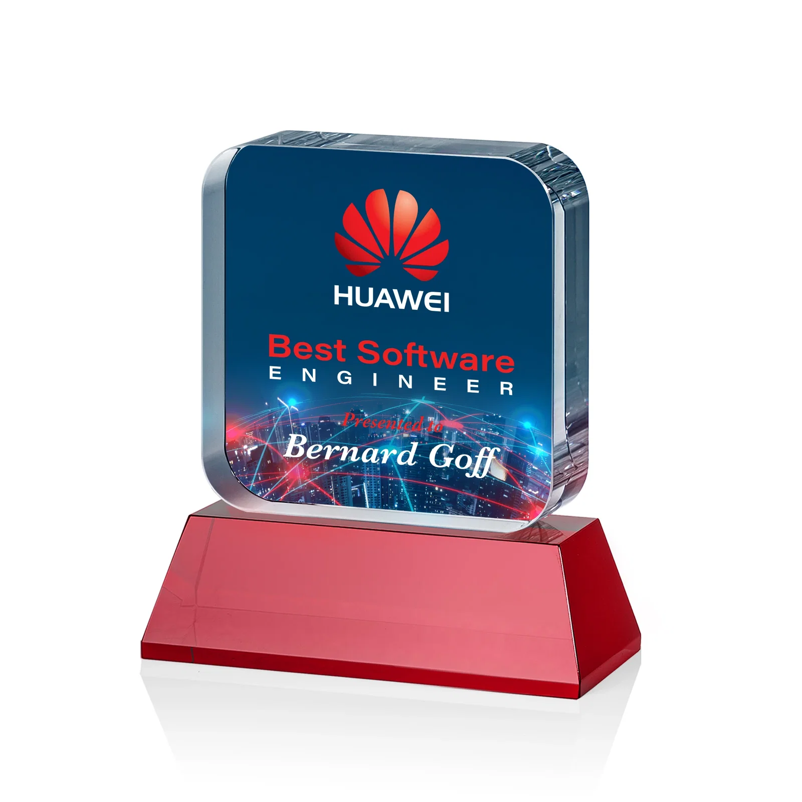 Custom engraved Rounded-Edge Optical Crystal Block Award on an Amber Crystal Base, awards for retirement presentations