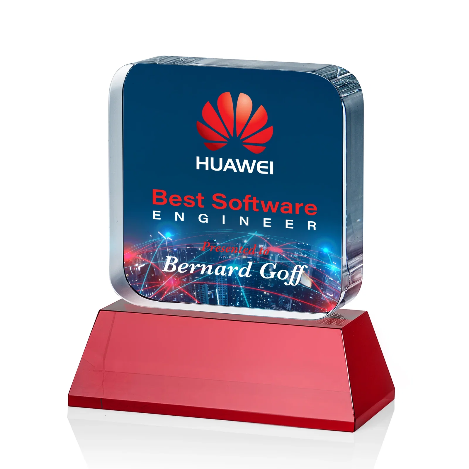 Custom engraved Rounded-Edge Optical Crystal Block Award on an Amber Crystal Base, awards for team milestone celebrations