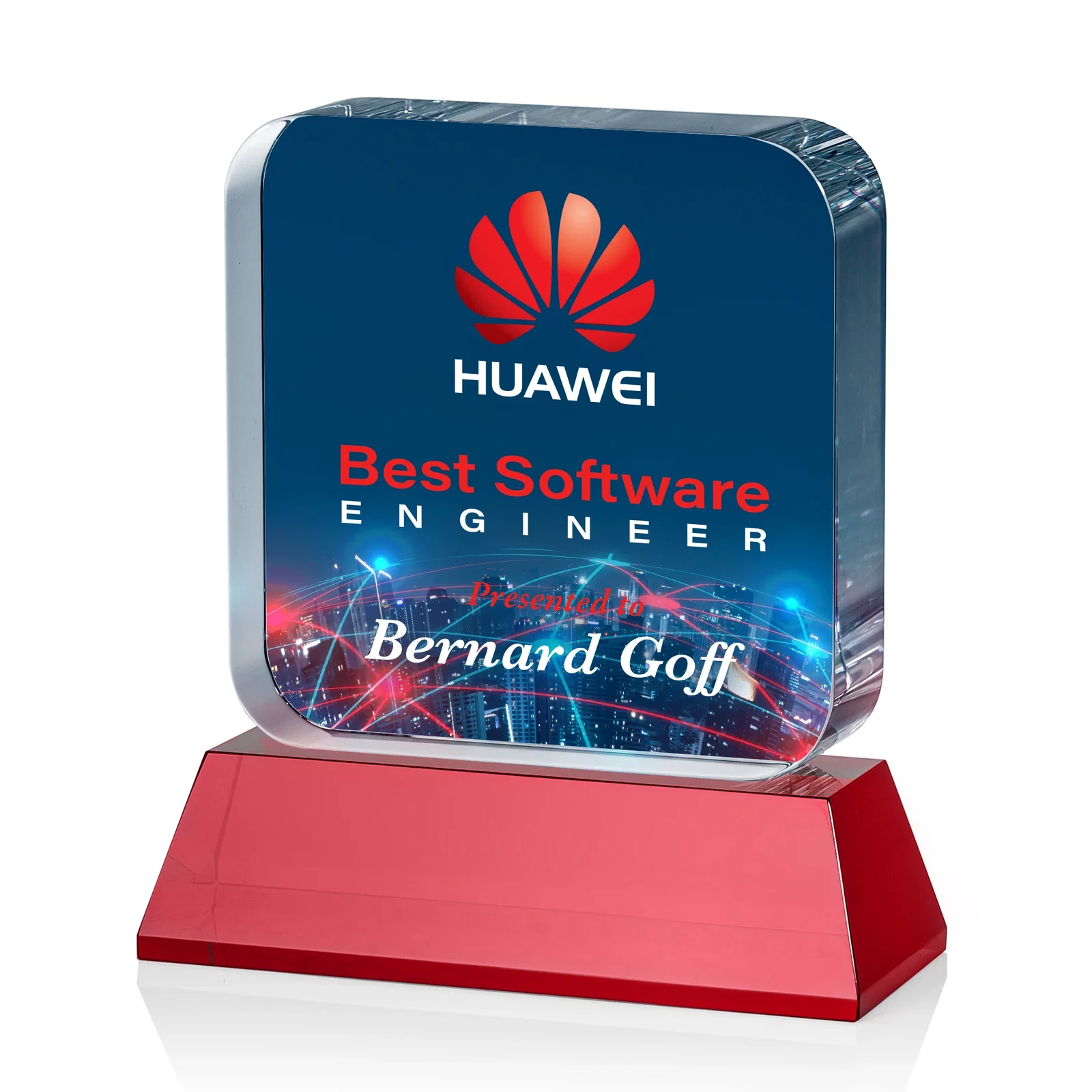 Custom engraved Rounded-Edge Optical Crystal Block Award on an Amber Crystal Base, awards for donor appreciation