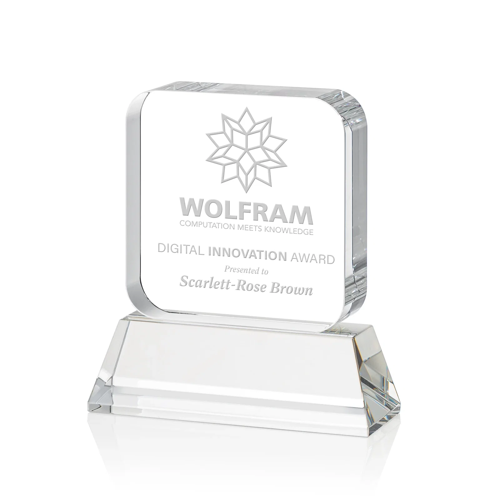 Custom Rounded-Edge Optical Crystal Block Award on an Amber Crystal Base, awards for graduation ceremonies