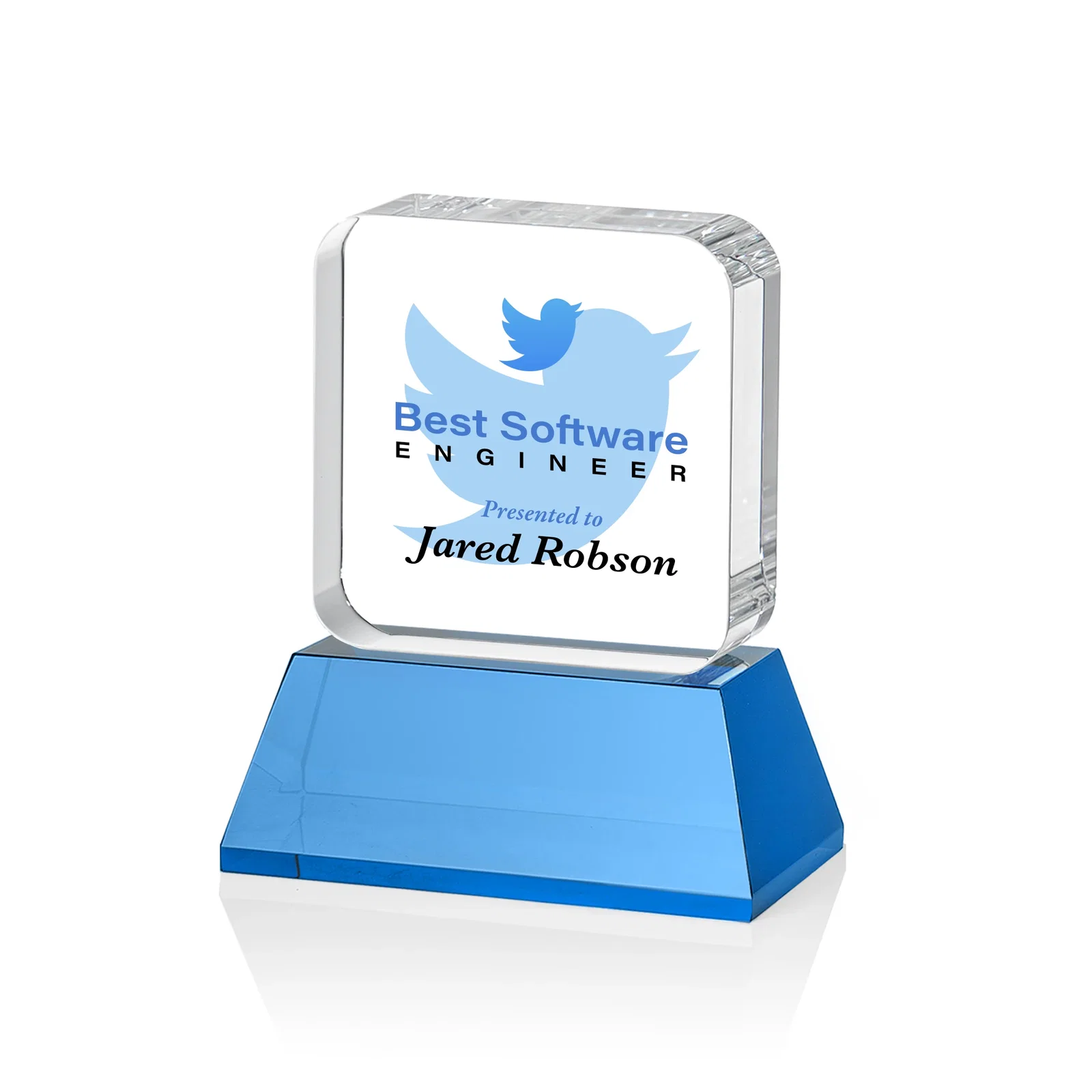 Custom engraved Rounded-Edge Optical Crystal Block Award on an Amber Crystal Base, awards for safety achievement programs