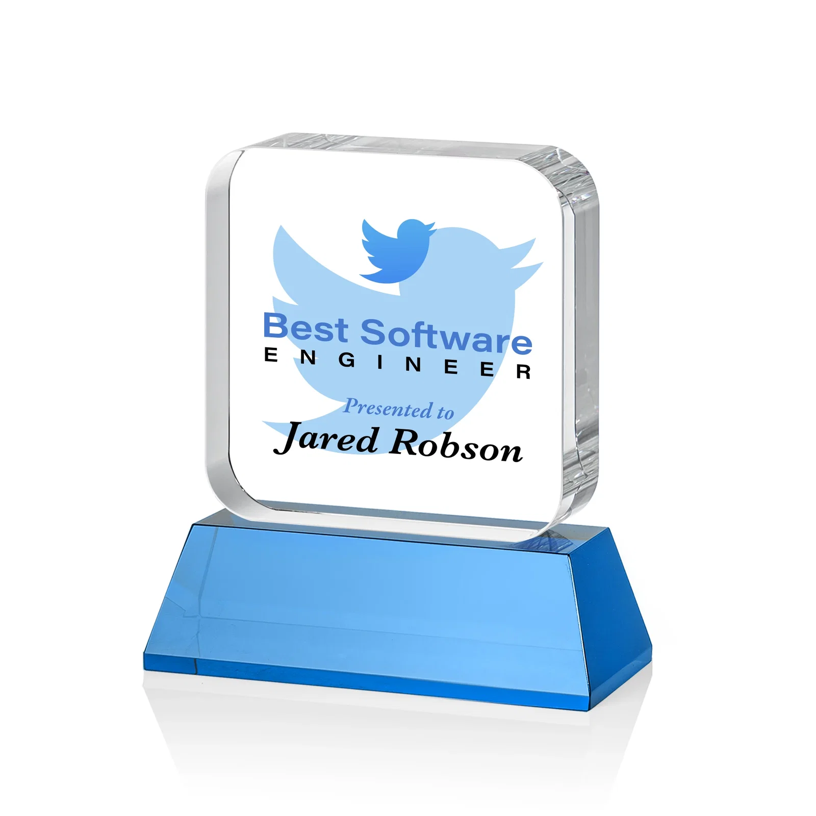 Custom engraved Rounded-Edge Optical Crystal Block Award on an Amber Crystal Base, awards for volunteer appreciation